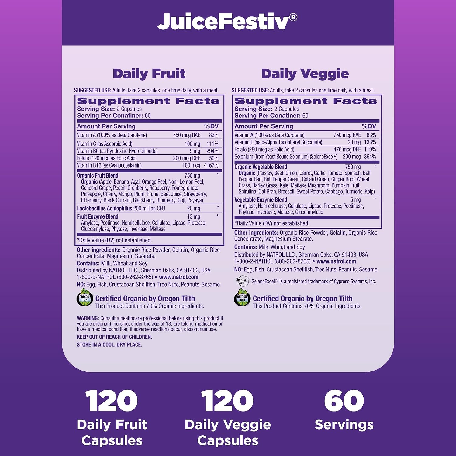 Natrol JuiceFestiv Vitamins and Supplements, 90 Capsules (2-Count) | For Nutrition & Well-being, Antioxidants for Cellular Health, Daily Fruit & Veggie Capsules, 180 Capsules, 45 Day Supply