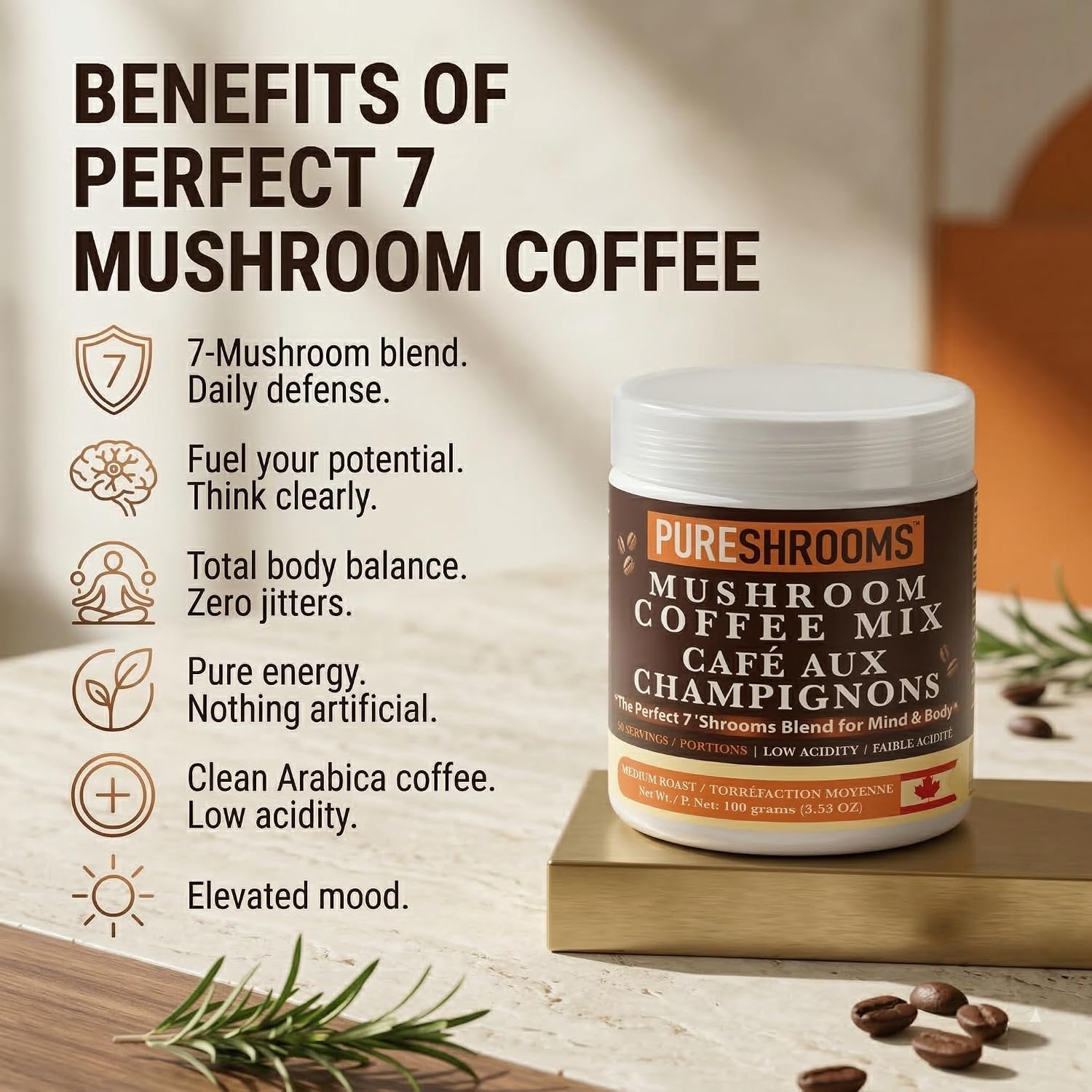 PureShrooms Mind & Body Mushroom Coffee - Instant Colombian Arabica with Organic Lion’s Mane, Reishi & Cordyceps - Low Acidity Nootropic Superfood Beverage for Focus & Vitality, 35 Servings/70g