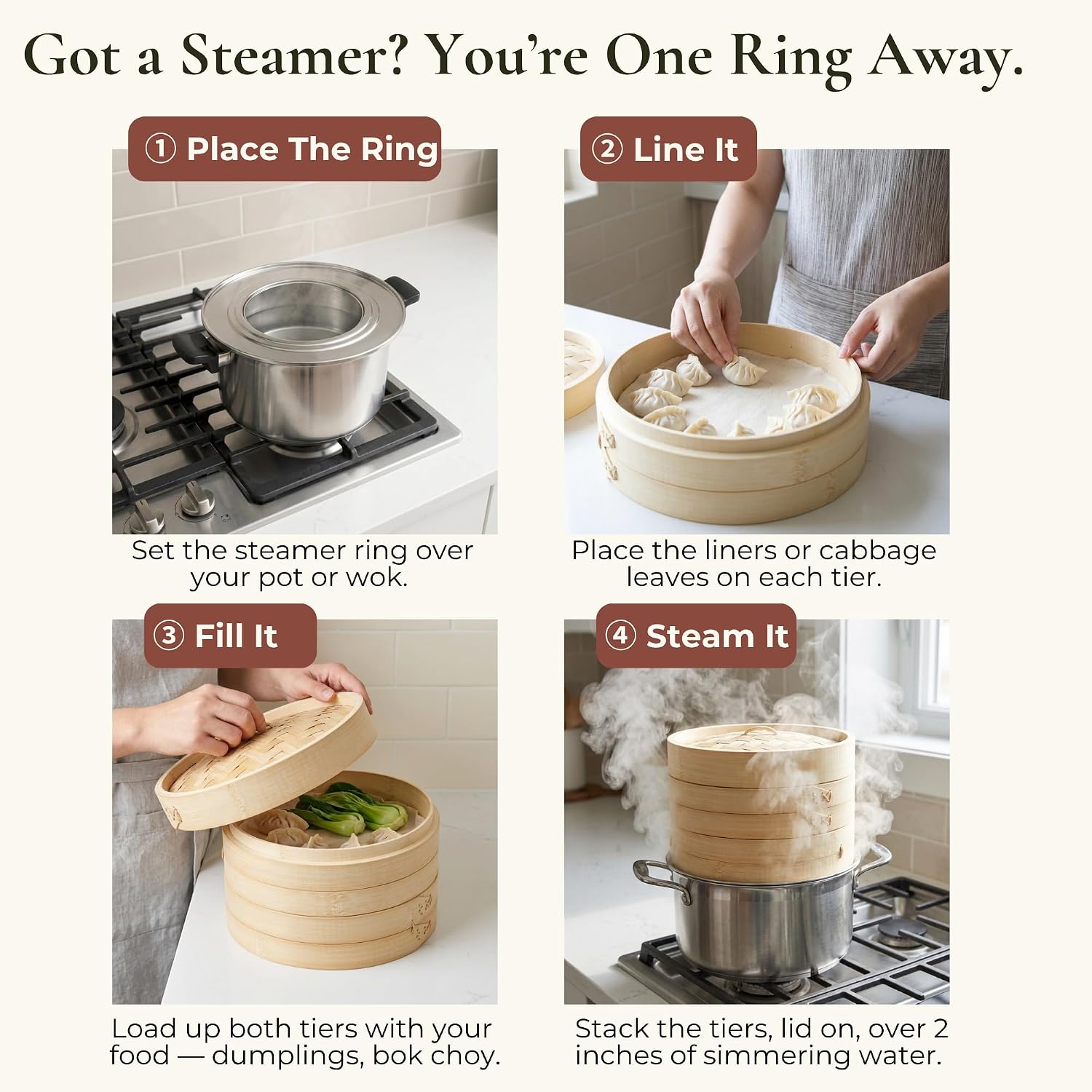 HAPPI STUDIO Bamboo Steamer Basket 10 Inch, Extra Deep Dumpling Steamer Set