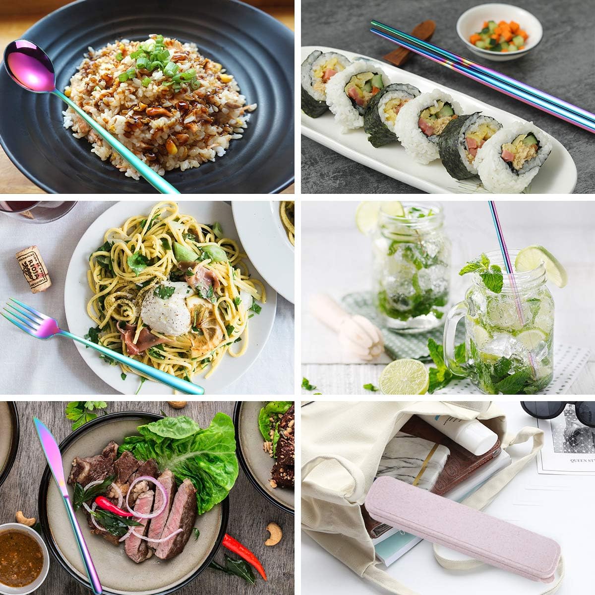 AARAINBOW 6 Pieces 18/8 Stainless Steel Flatware Set Portable Reusable Cutlery Set Travel Utensils Set Including Chopsticks Knife Fork Spoon Straws