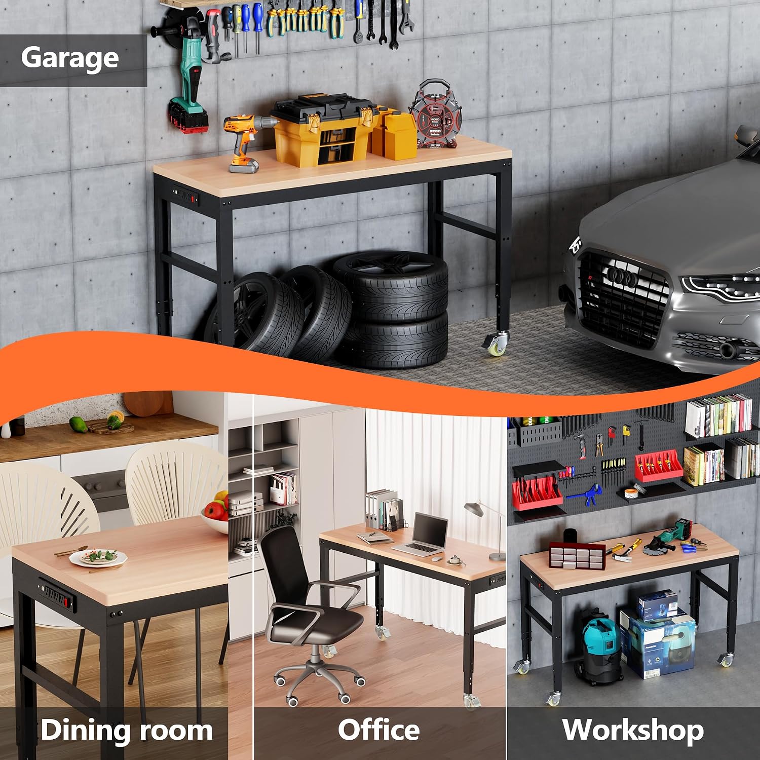 Antifir 60" Adjustable Workbench, Heavy Duty Wood Workstation | Garage Workbench, 2000 LBS Load Capacity, Work Table with Power Outlet and Foot Pads for Commercial, Workshop, Office, Home