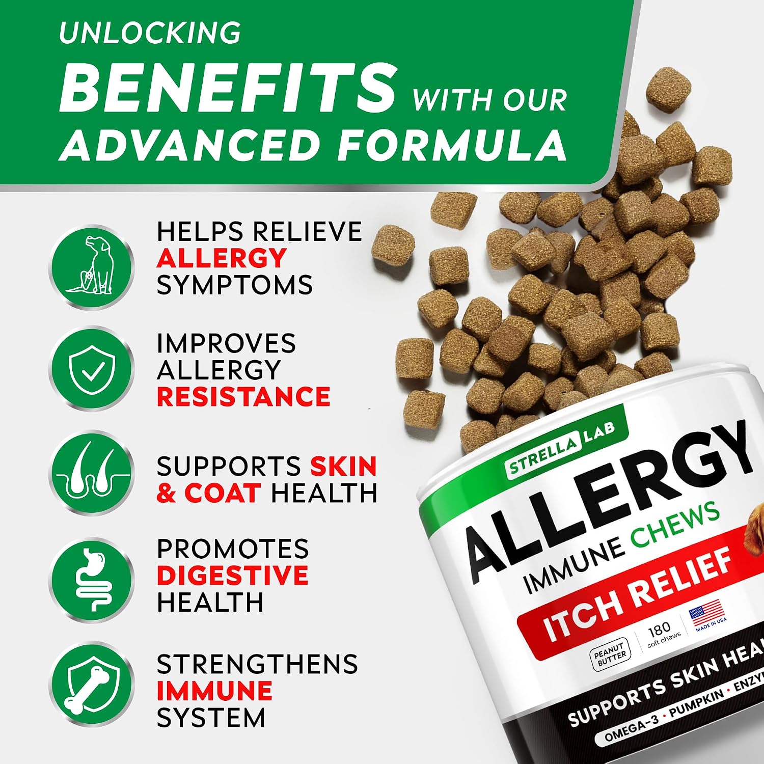 Dog Allergy & Itching Relief - Anti Itch, Skin&Coat Support Chews w/Omega 3