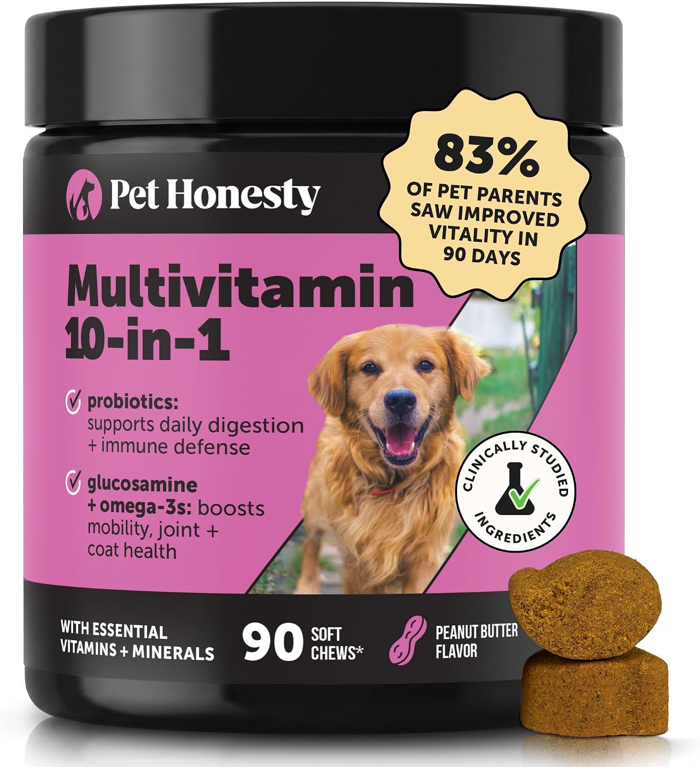 10-in-1 Dog Multivitamin Supplement with Glucosamine & Probiotics - Hip & Joint Support, Digestive Health, Immune Support, Heart & Skin - All-in-One Daily Vitamins & Omega-3s for Dogs, Chicken, 90 Ct