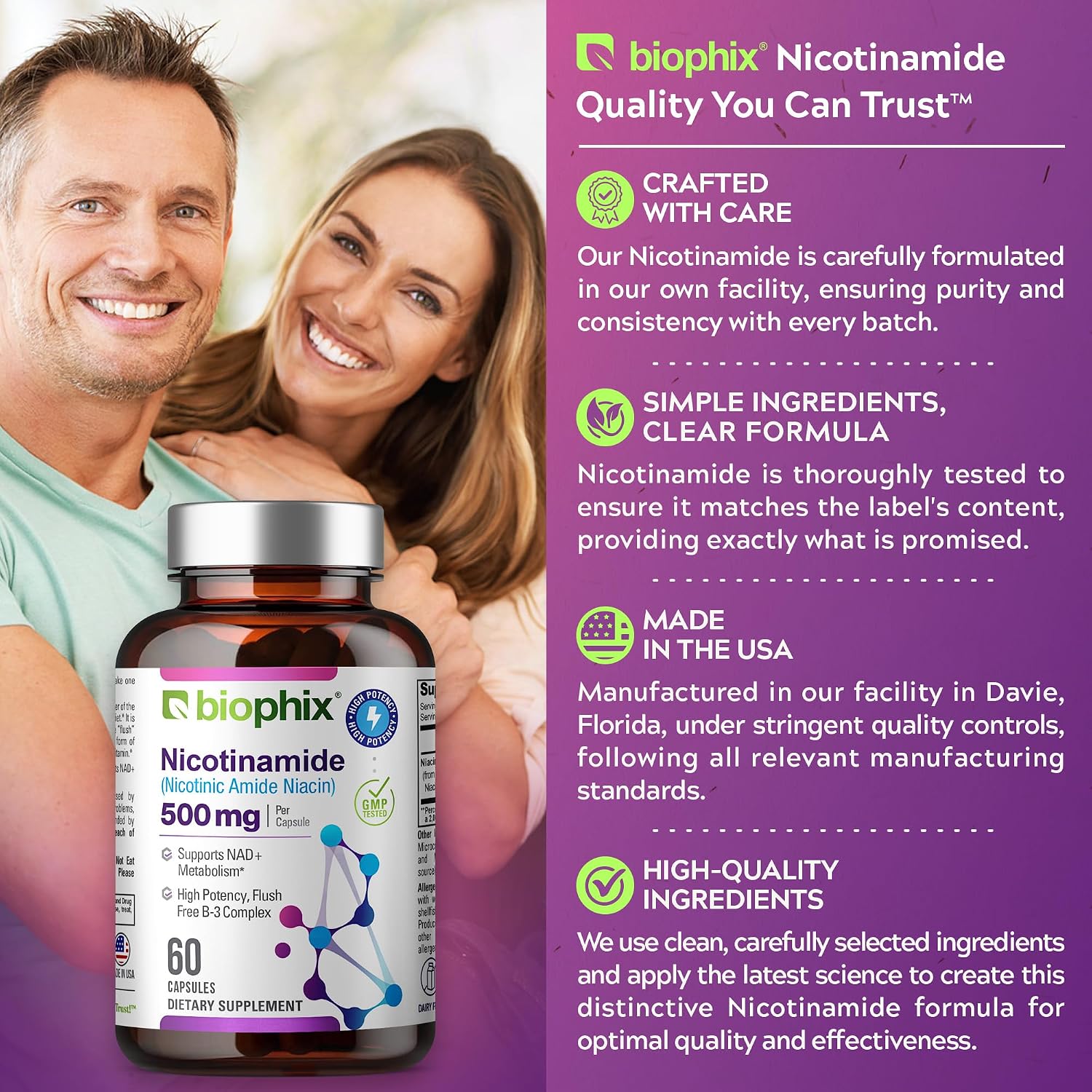 biophix B-3 Nicotinamide 500 mg 180 Caps - Nicotinic Amide Niacin Natural Flush-Free Vitamin Formula - Supports Skin Cell Health