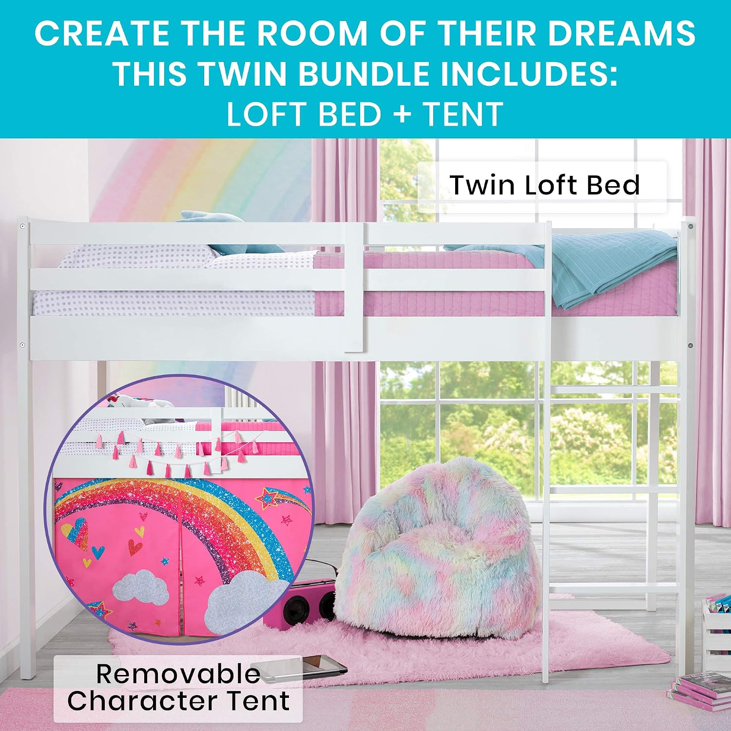 Delta Children Twin Loft Bed with Guardrail and Ladder (Coordinates with Loft Bed Tents Sold Separately), White