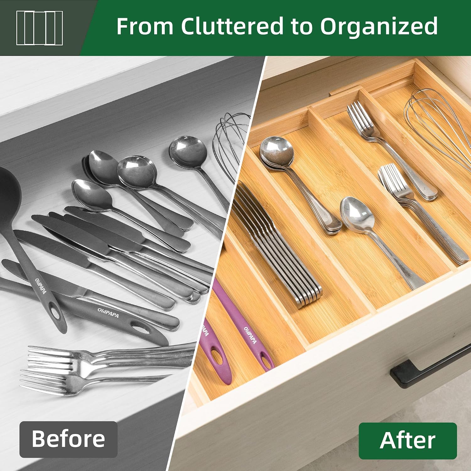 Utoplike Bamboo Expandable Kitchen Drawer Organizer Silverware Utensil Tray