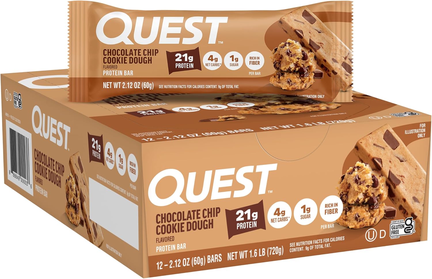 Quest Nutrition Oatmeal Chocolate Chip Protein Bars, 20g Protein, 12 Count | 12g Fiber, 5g Net Carbs, 1g Sugar, Gluten Free, High Quality Protein, Soft and Chewy, Individually Wrapped 2.12oz Bars