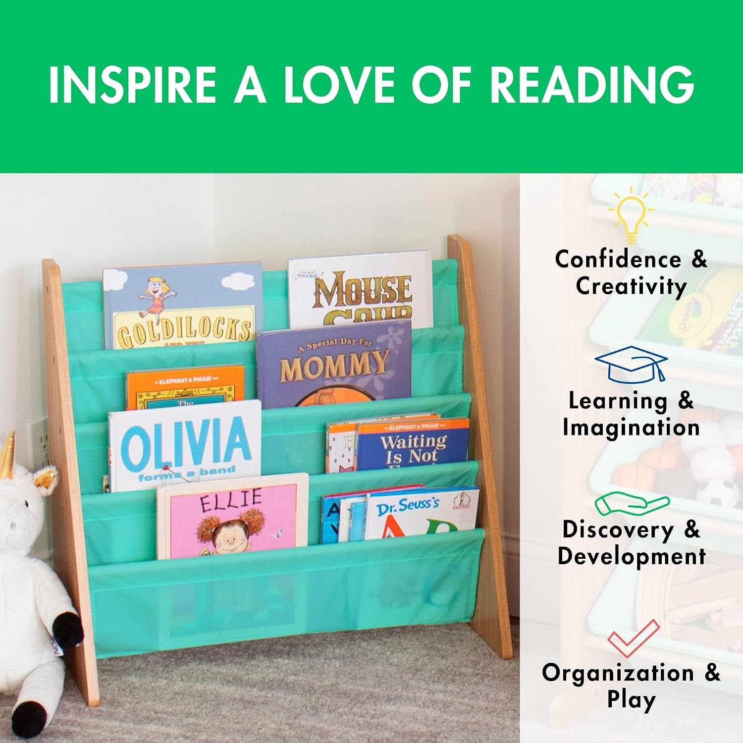 Humble Crew Kids Bookshelf, Montessori Front Facing Toddler Bookcase 4 Tier | Book display rack and reading nook organizer, nylon pockets show covers face out, compact for any playroom or bedroom space