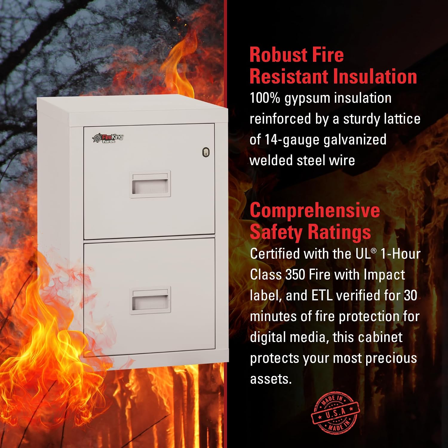 FireKing Turtle Vertical 2 Drawer Fire Rated File Cabinet, Black | 1 Hour Fire Rated Filing Cabinet - UL Class 350 - Water Resistant - Key Lock - Made in USA