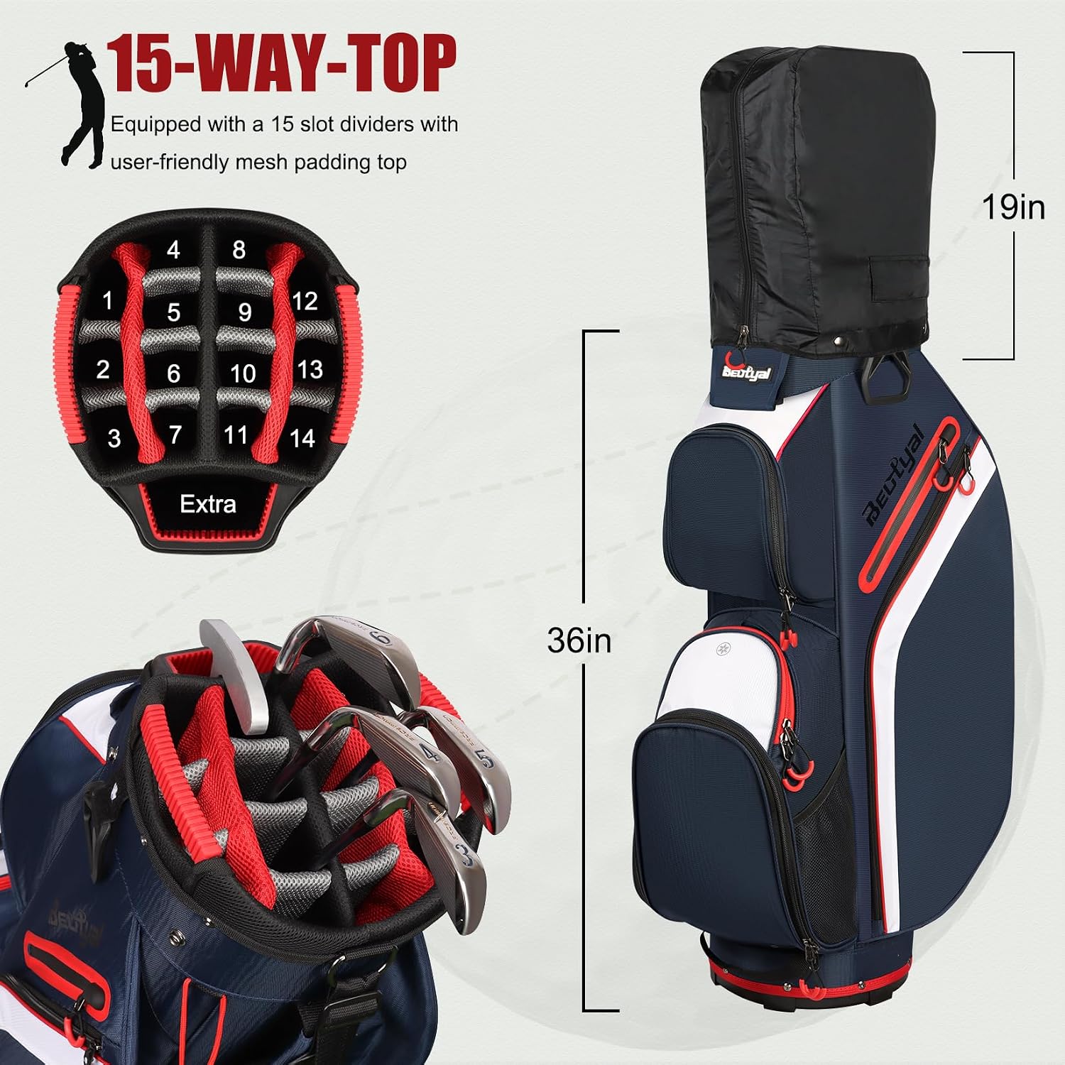 15-Way Golf Cart Bag, Lightweight Golf Club Bag for Men with Cooler | 15 Separate Compartments Easy Club Access Multiple Storage Pockets Cart Strap Channel Beverage Storage and Carry Handles
