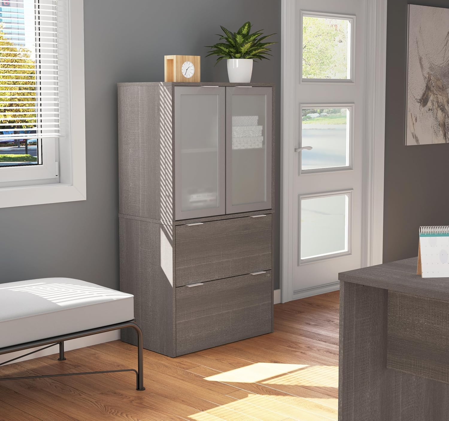 Bestar i3 Plus 31W Lateral File Cabinet with Frosted Glass Doors Hutch in bark Grey | With Frosted Glass Doors Hutch, ball-bearing drawer slides
