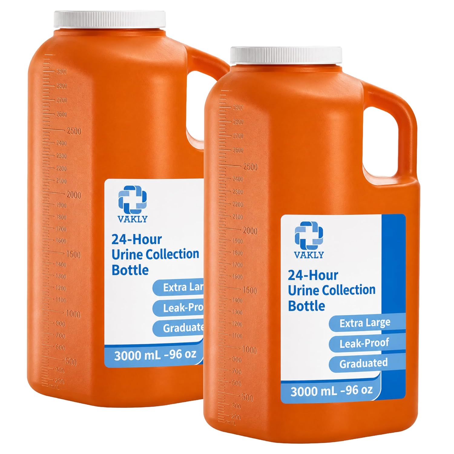Vakly 24 Hour Urine Collection Bottle, 3000 mL, Graduated Container, Handle