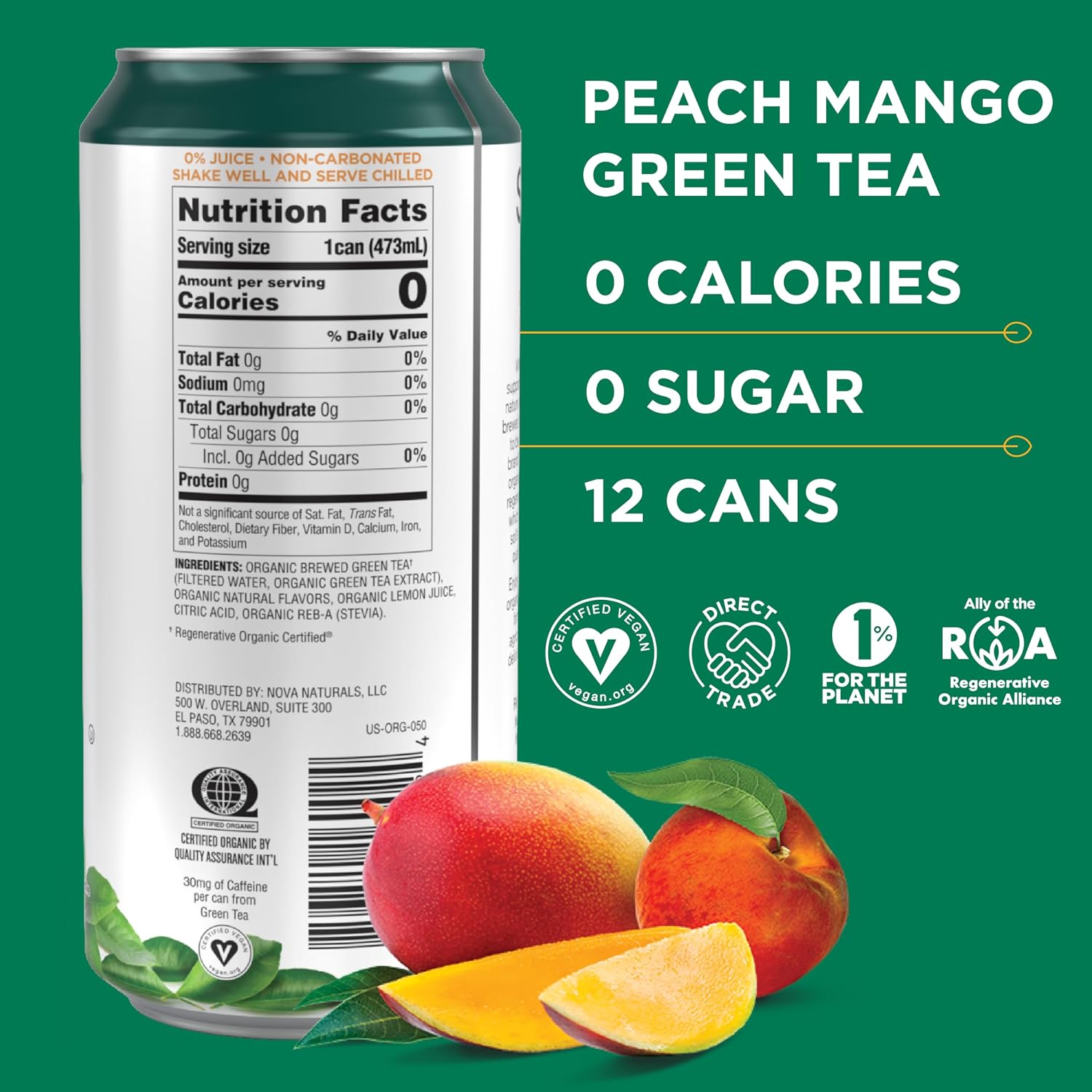 Steaz - Organic Green Tea - Peach (12 Pack) - 30mg Natural Caffeine, 70 Calories,Cane Sugar - Sweetened Iced Tea - Regenerative Organic Certified®️ - Vegan, Direct Trade - 12 Cans, 16 fl oz