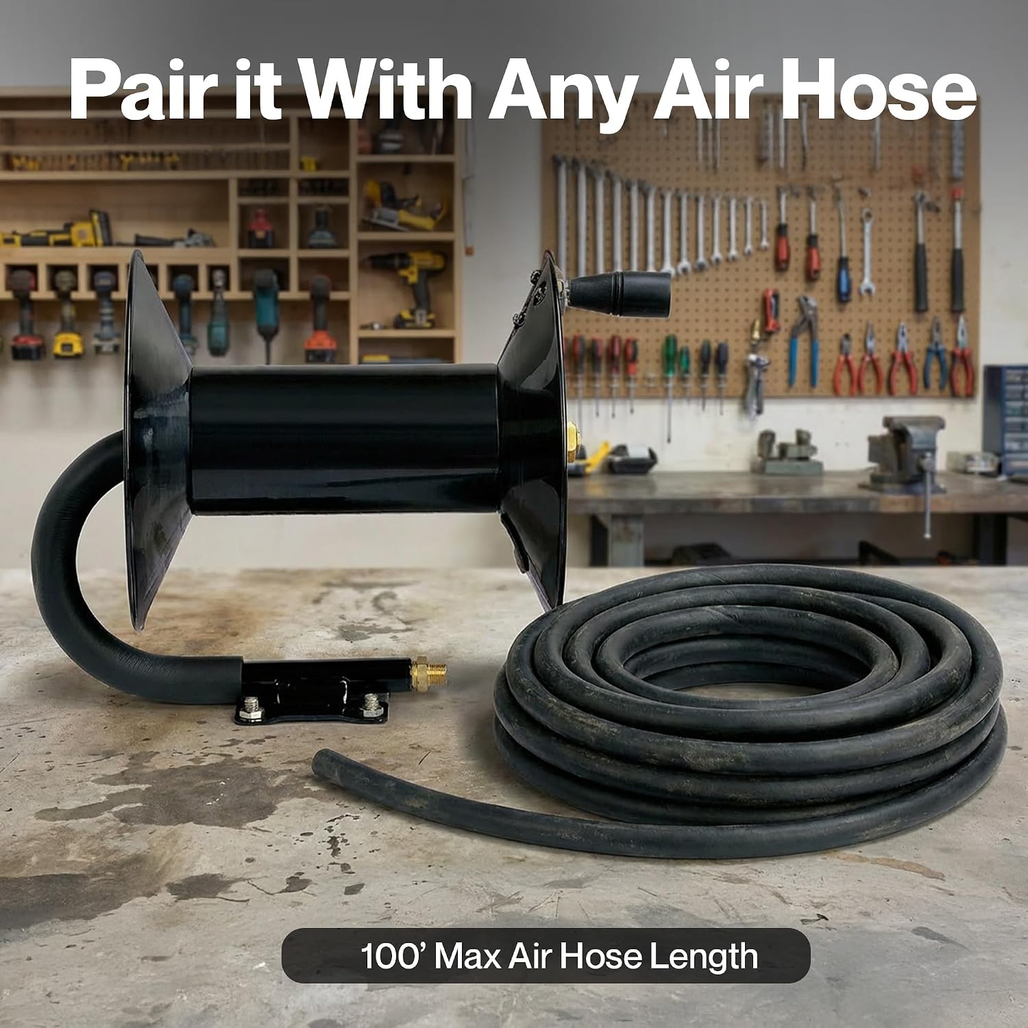 ReelWorks Air Hose Reel Tool Retractable Hand Crank 3/8" Inch x 100' Feet | 300 PSI / 20 BAR Heavy Duty Steel Construction, Hose Sold Separately