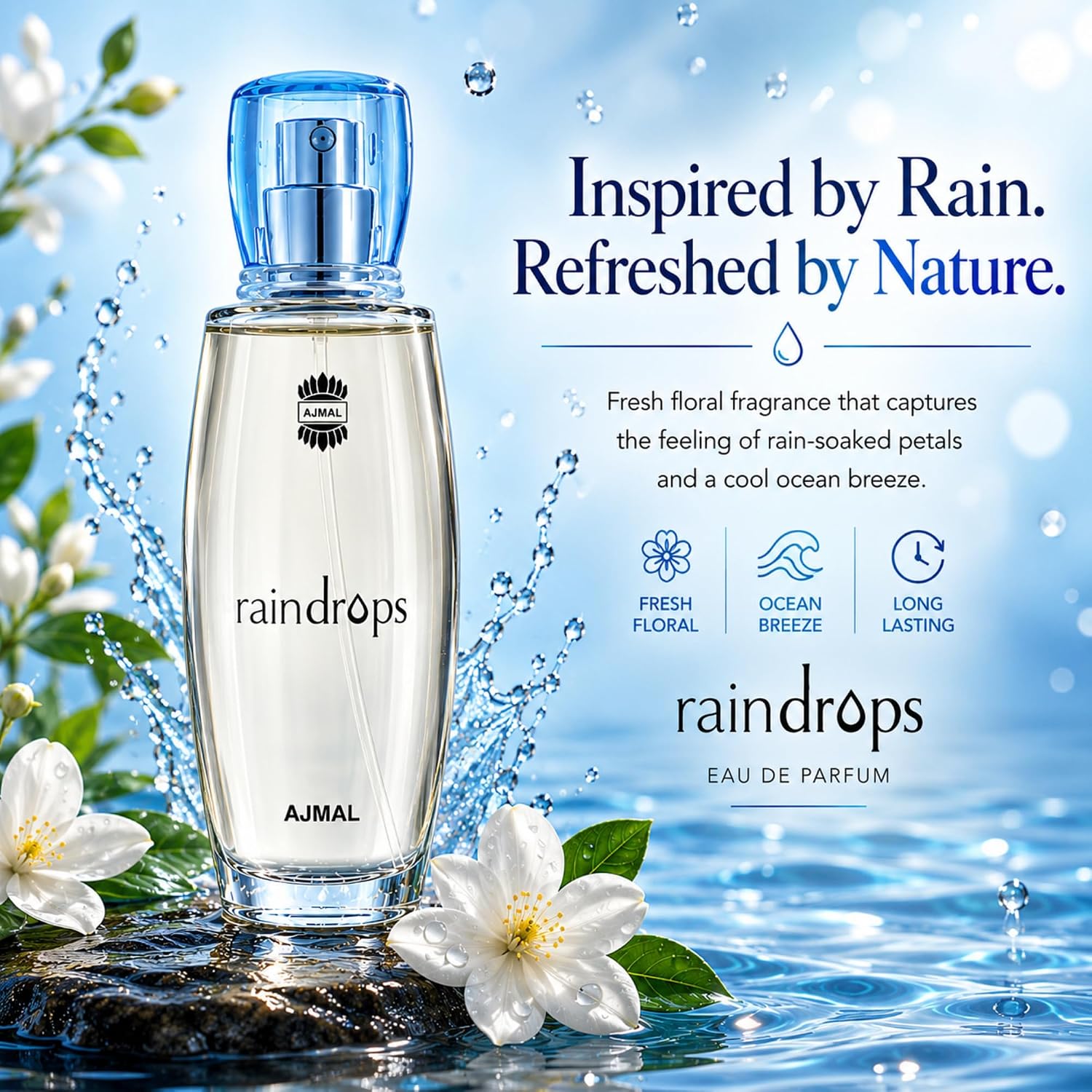 Ajmal Rain Drops EDP for Women, 1.7 fl oz / 50 ml | Fresh floral and fruity inspired by ocean breeze. Long-lasting and ideal for everyday elegance.