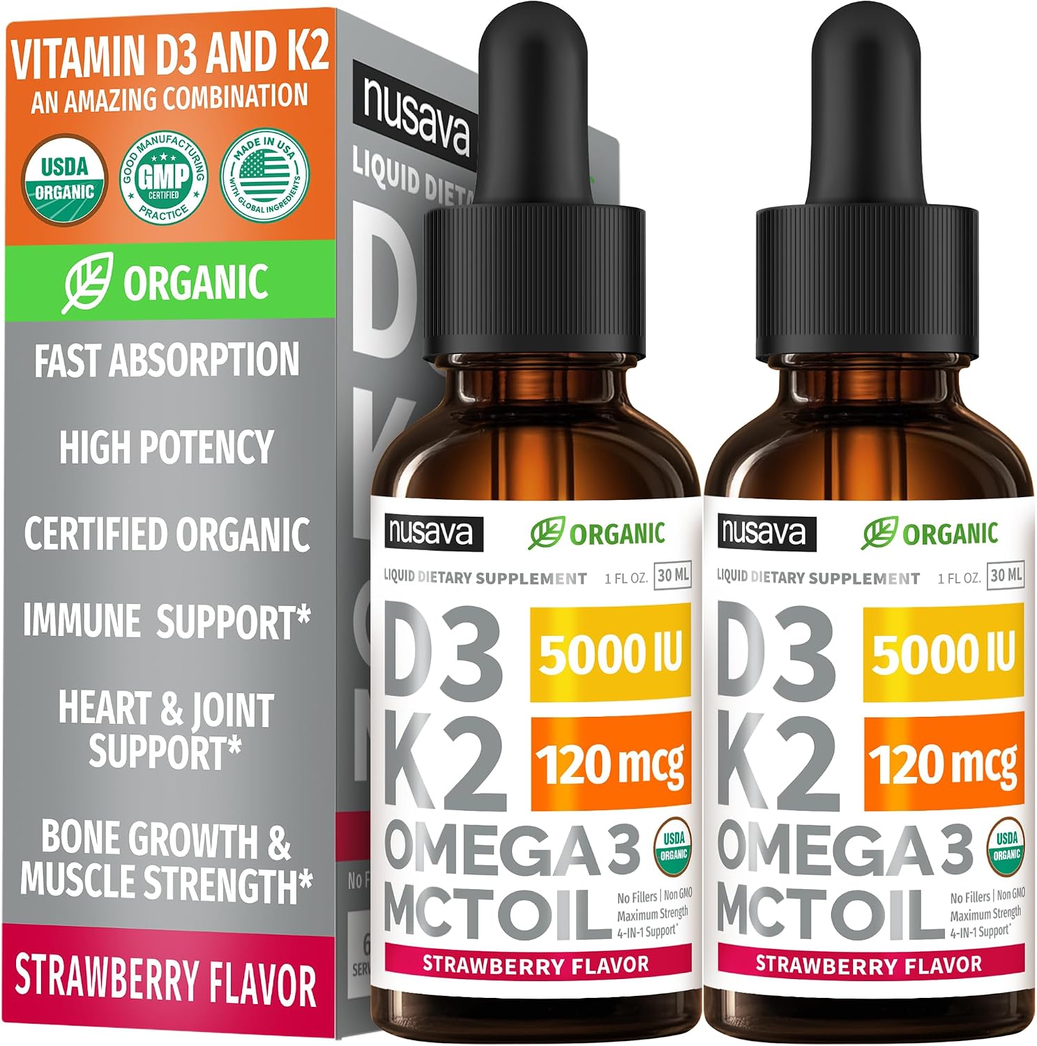 Nusava Organic Vitamin D3 K2 Drops with MCT Oil, Unflavored, Pack of 2