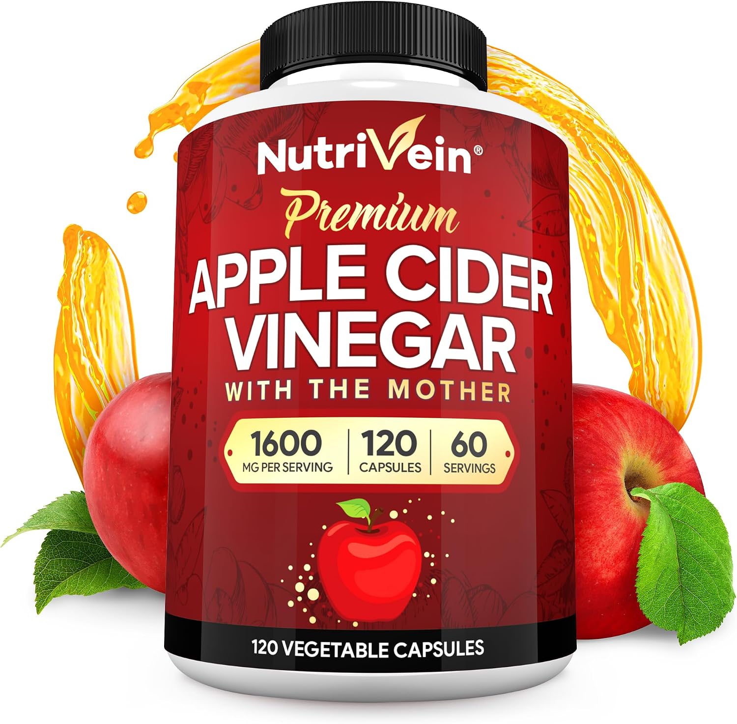 Nutrivein Apple Cider Vinegar Supplement with Mother 1600 mg - 120 Capsules | Unfiltered ACV pills for men and women. Supports digestion