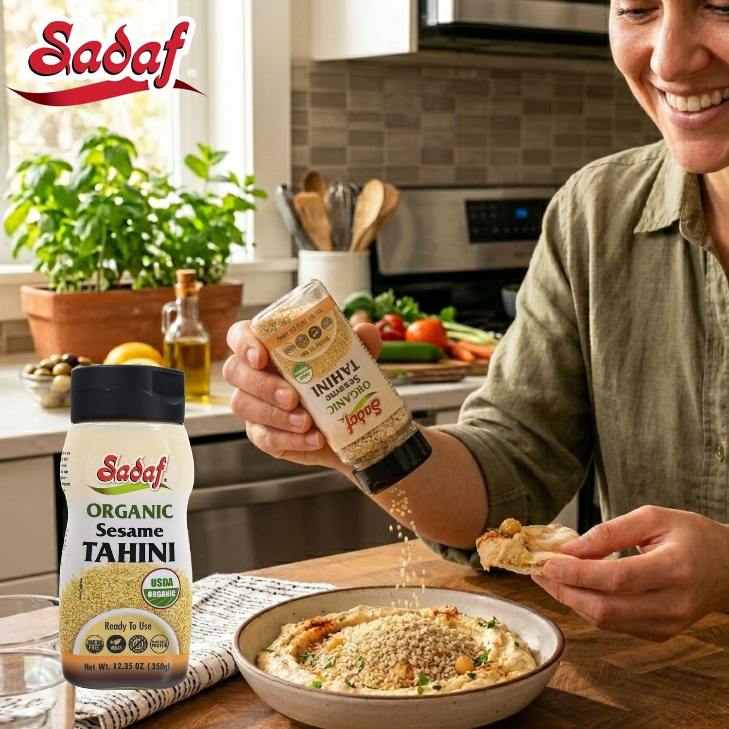 Sadaf Organic Sesame Tahini Squeeze Bottle 12.35 oz – 100% Organic Sesame Paste for Hummus, Dressings & Dips