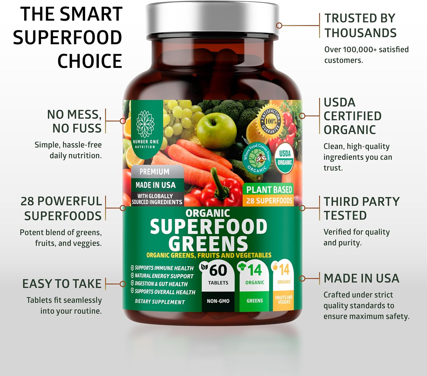 USDA Organic Superfood Greens, 28 Ingredients, Vegan, Non-GMO, 60 Tablets