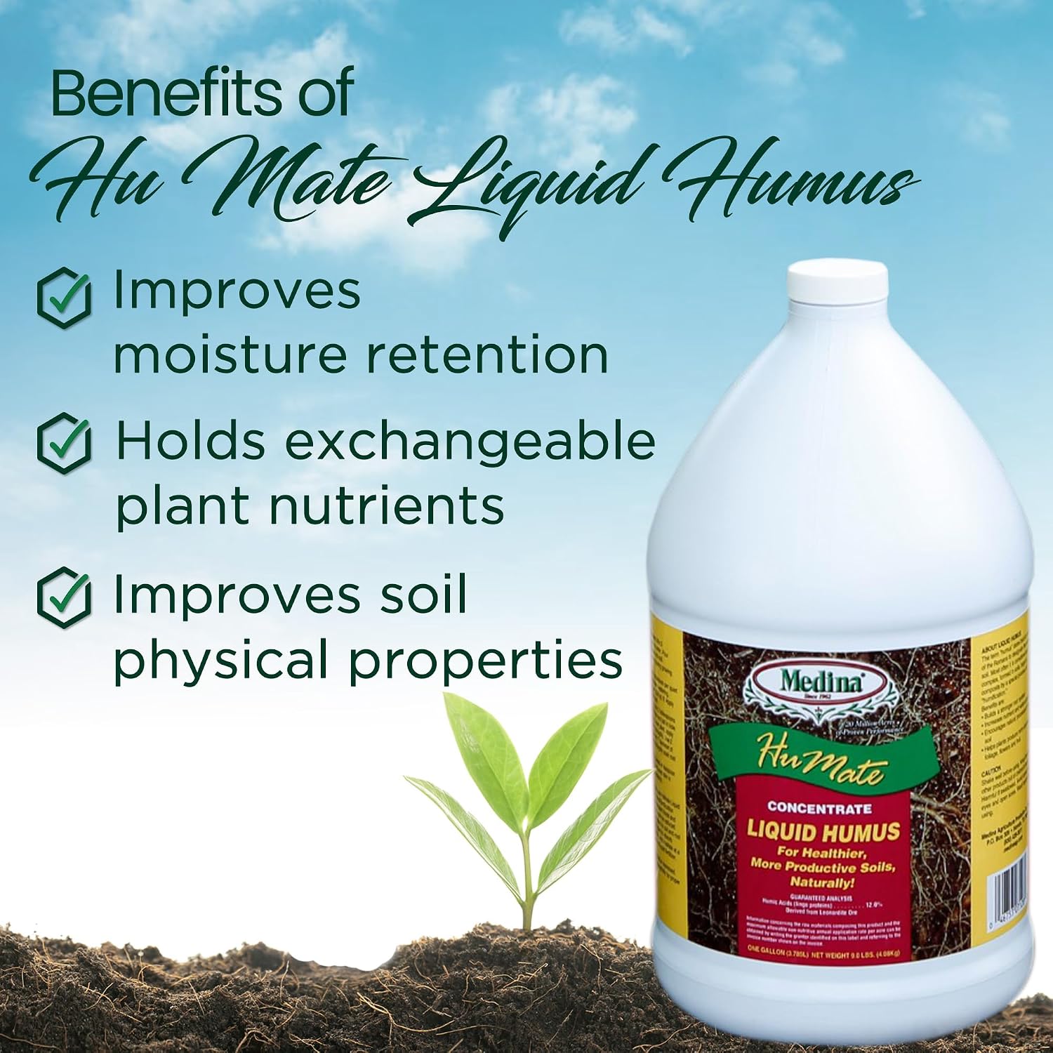 Medina Humate Humic Acid for Plants, 1 Gal, Concentrated Liquid Compost | Humic Acid for Lawn, Enhance Plant Growth, Moisture Retention, Nutrient Absorption, Humates for Soil, Covers 8000 Sq. Ft.