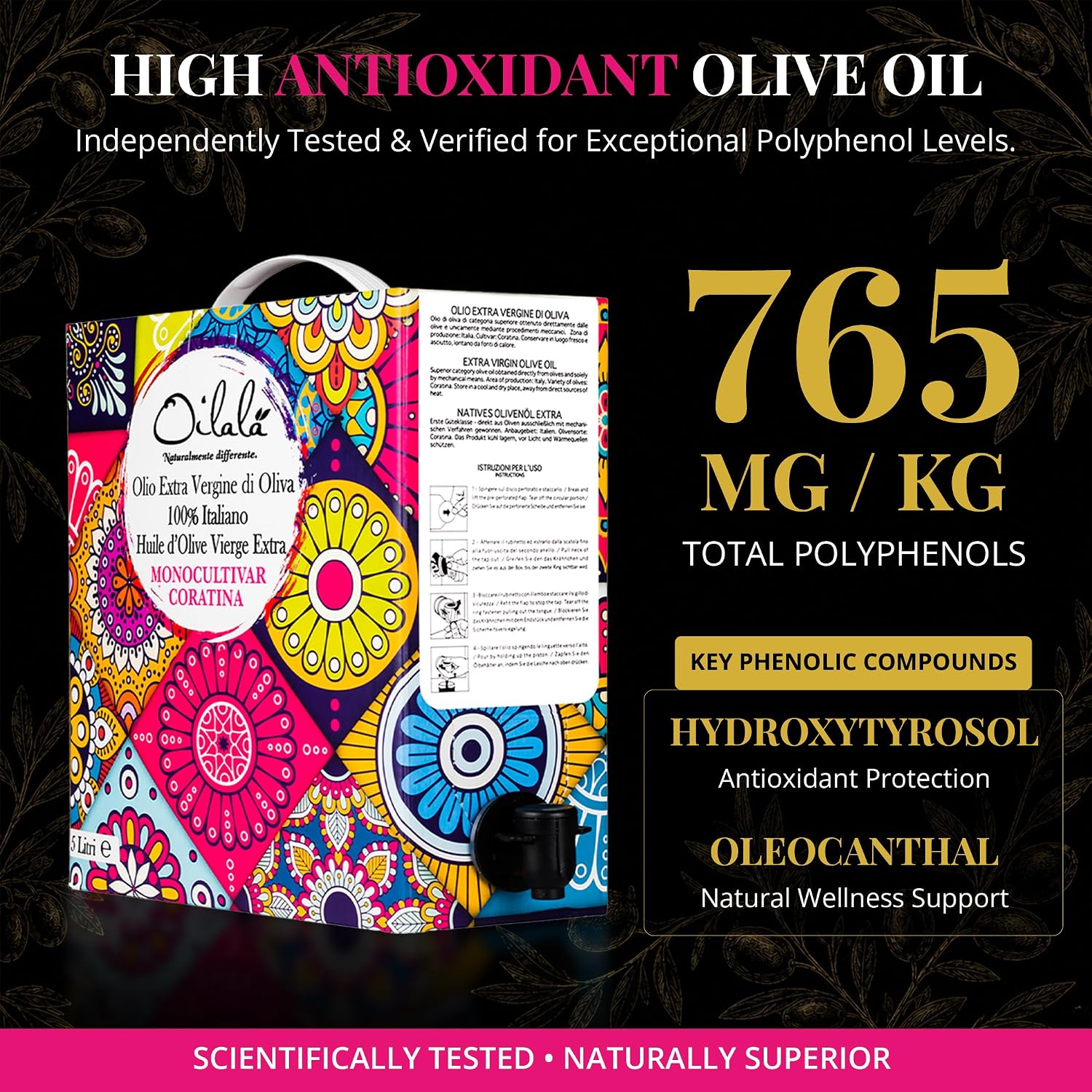 Oilala Extra Virgin Olive Oil, Coratina, High Polyphenols 765 mg/kg, High Hydroxytyrosol, Great For phenolic Shot, Drinking, Oleocanthal Rich Robust, Puglia Italy, Italian family farm, Single Source, Gold Medal NYIOOC (16.9 FL Oz)