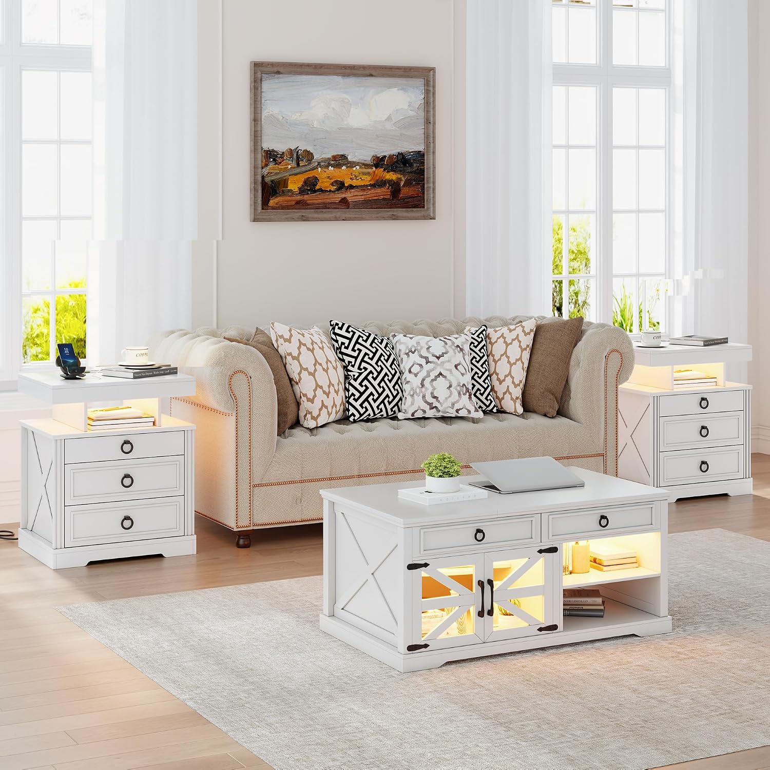 Lockable Night Stand with Gun Drawer,Charging Station,LED Lights,White | LED Nightstand with Charging Station,Farmhouse Bedside Table with 3-Color Light,End Table with 3 Drawers,Bedroom