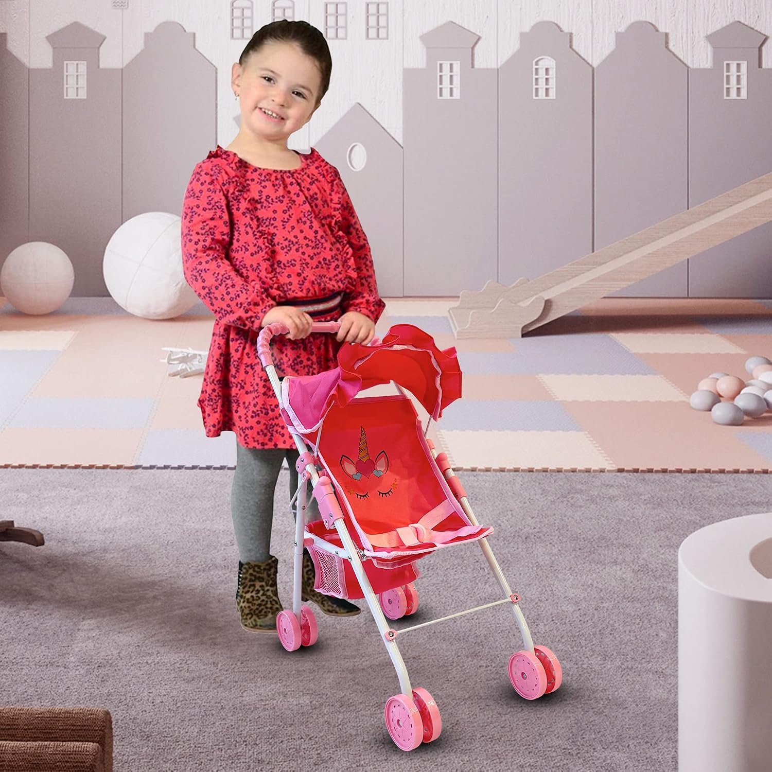 The New York Doll Collection My First Doll Stroller with Basket & Heart Design Foldable Doll Stroller, Pink