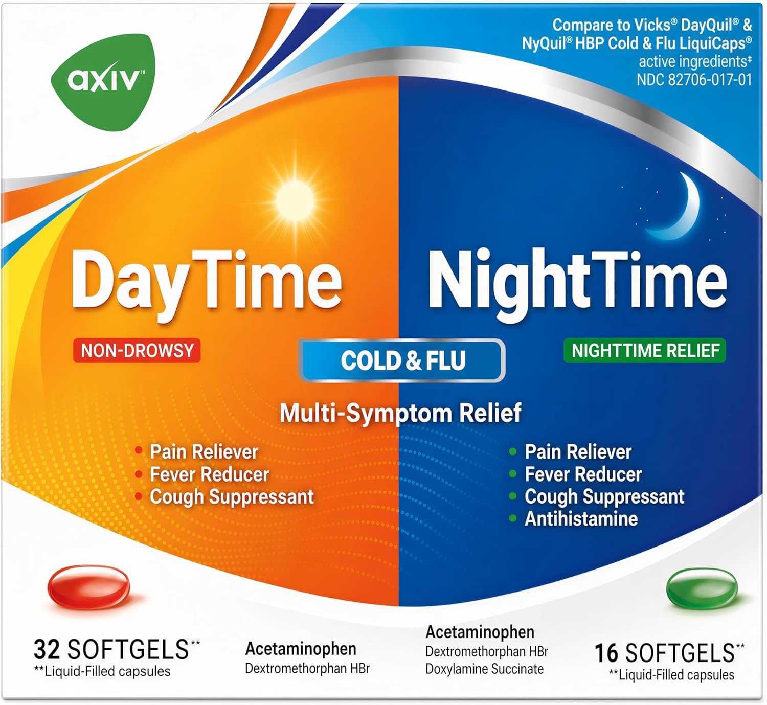 AXIV Day & Night Cold & Flu Medicine Combo Pack Softgels, Daytime & Nighttime Relief for Headache, Fever, Sore Throat, Minor Aches & Pains, & Cough