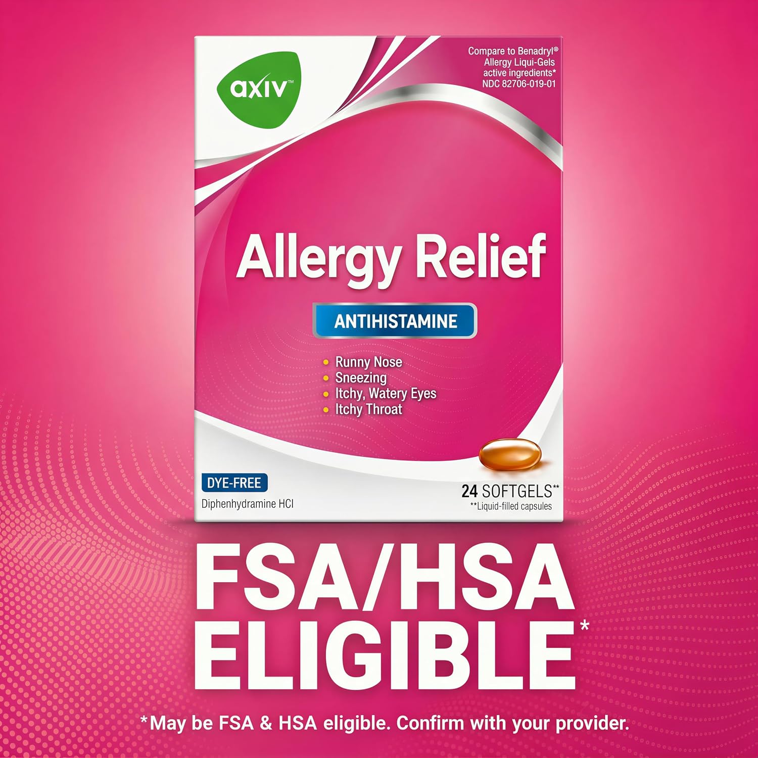 AXIV Allergy Relief Softgels, Antihistamine Medicine & Cold Symptom Relief, Dye-Free Liquid Gels, 25 mg Diphenhydramine HCl, Runny Nose, Sneezing, 24 Count (24 Softgels)