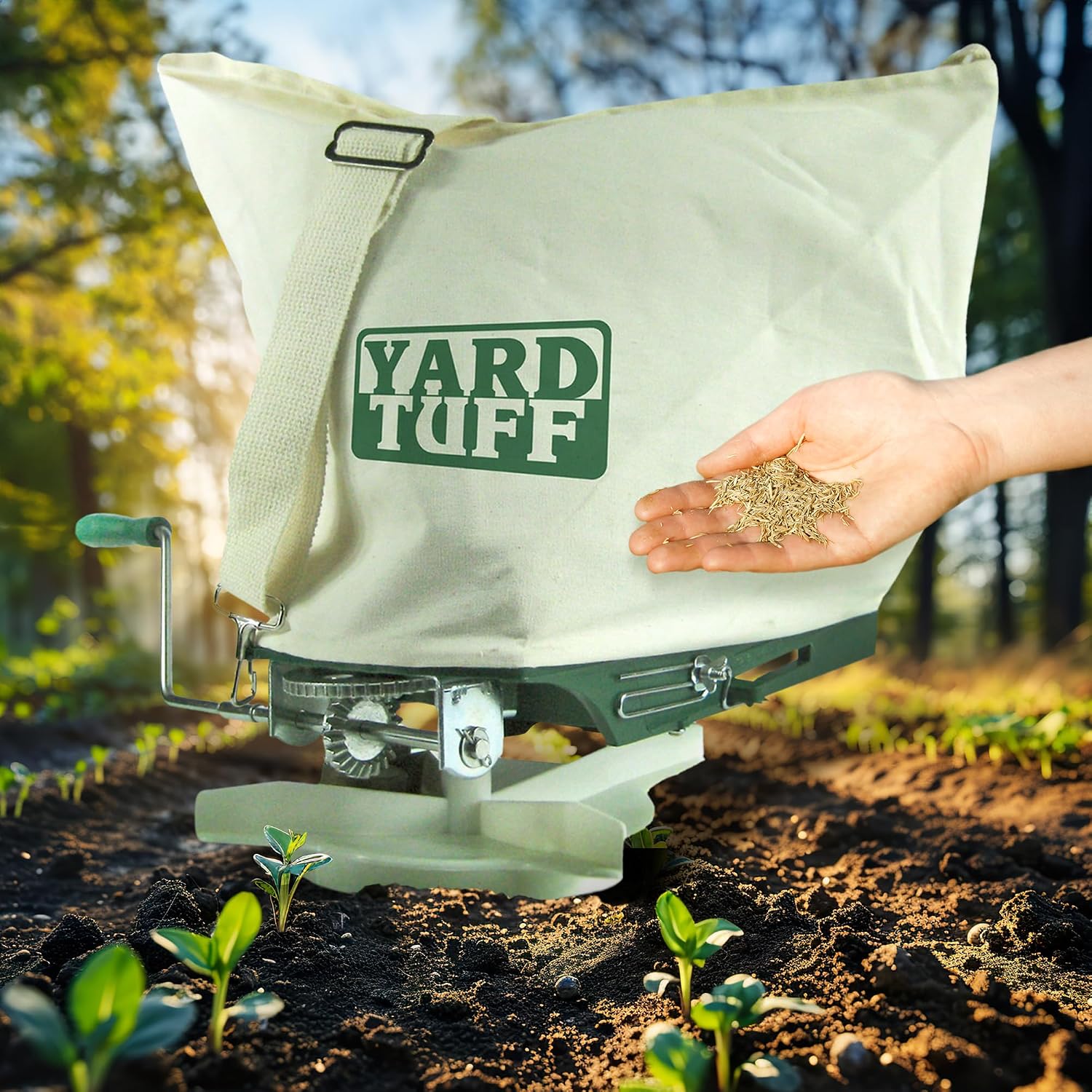Yard Tuff Outdoor Lawn Garden 25 Pounds Shoulder Seeder and Grass Seed Spreader with Canvas Bag and Shoulder Strap, Green/White