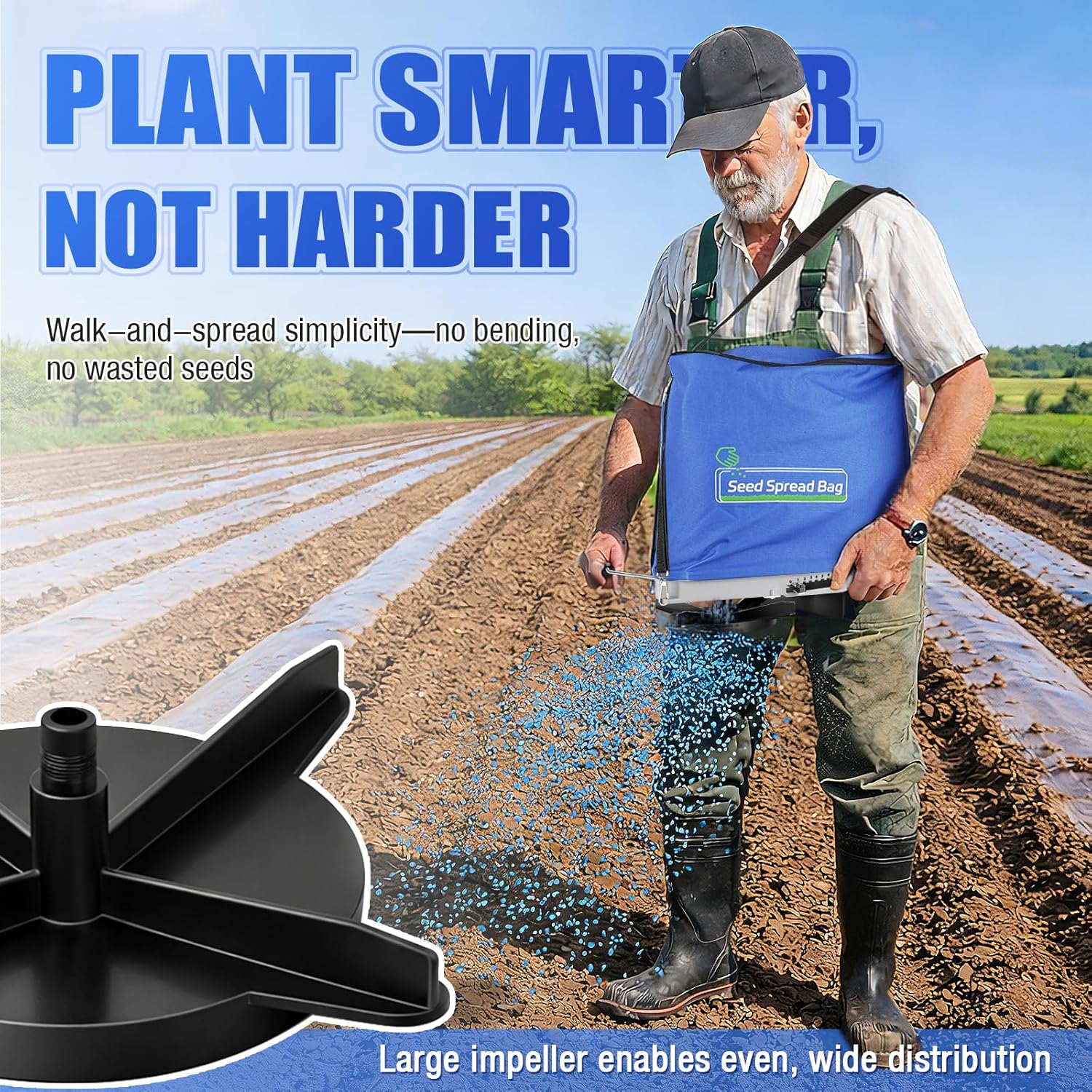 Zipcase 25lb Bag Seed Spreader with Waterproof Bag, Blue | 6-Level Adjustable Gate, Rare Baffle and Accurate Gears