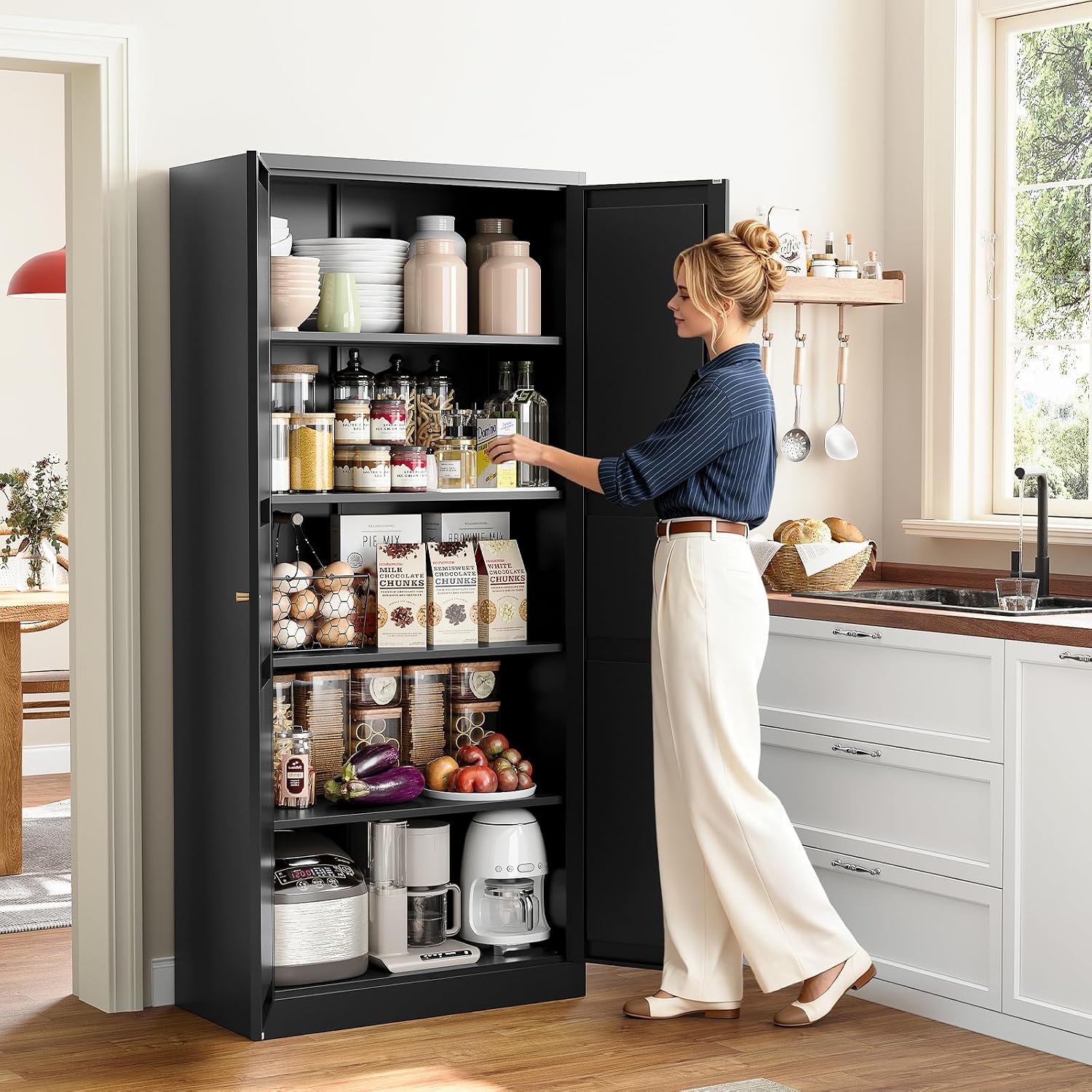 Metal Storage Cabinet with 2 Doors and 4 Adjustable Shelves - 61" White Kitchen Pantry Storage 5-Tier Tall Steel Cabinets Locker for Kitchen, Living Room, Dining Room