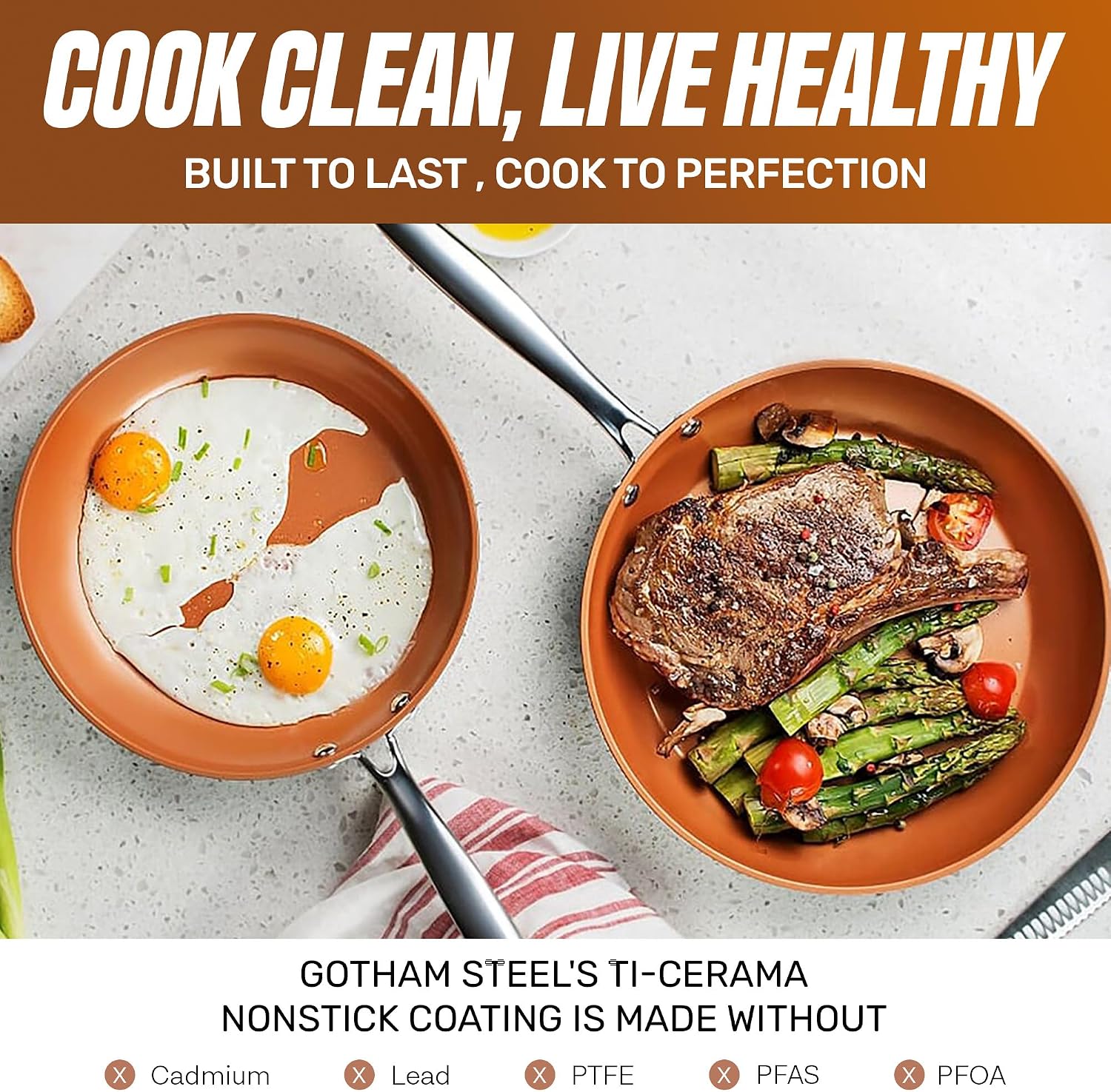 Gotham Steel 9.5 Inch Copper Non Stick Frying Pans Skillet | Ceramic Non Toxic Coating Made Without PFOA/PTFE/PFOS, Lightweight, Stay Cool Handle, Oven and Dishwasher Safe