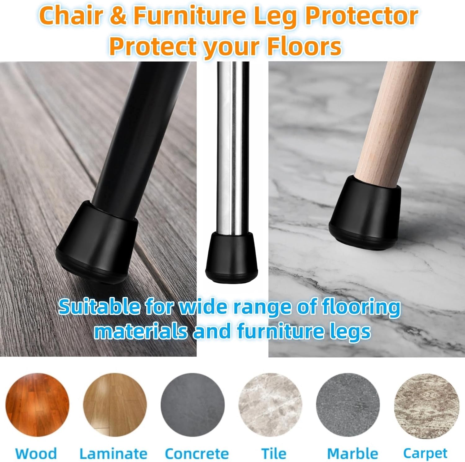 Furnigear Chair Leg Tips Caps Non-Slip Rubber Leg Tips 1-1/2” Inner Diameter Chair Leg Floor Protectors Round Black 4 Pack (Fit Round Diameter