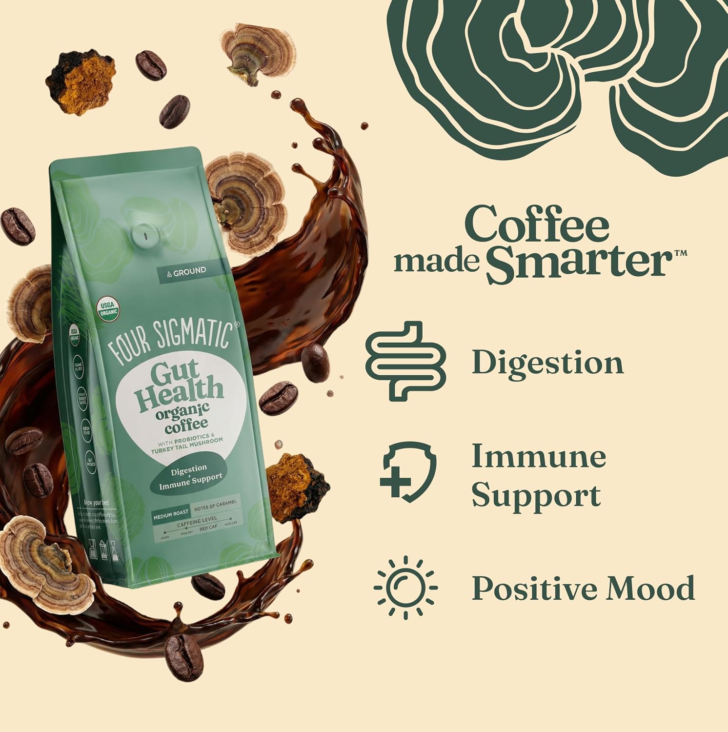 Four Sigmatic Organic Focus Mushroom Ground Coffee | Dark Roast, Organic Coffee with Lion's Mane & Chaga Mushroom for Mental Clarity & Energy Support | 12oz Bag