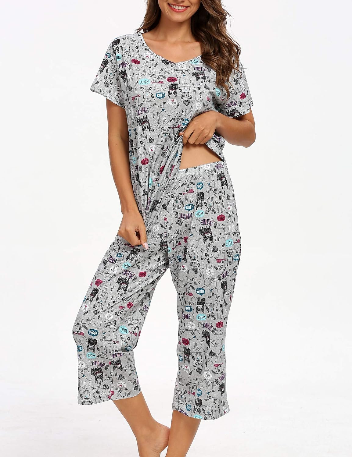 ENJOYNIGHT Womens Pajama Set Cotton Summer Pj Top with Capri Pant Sleepwear