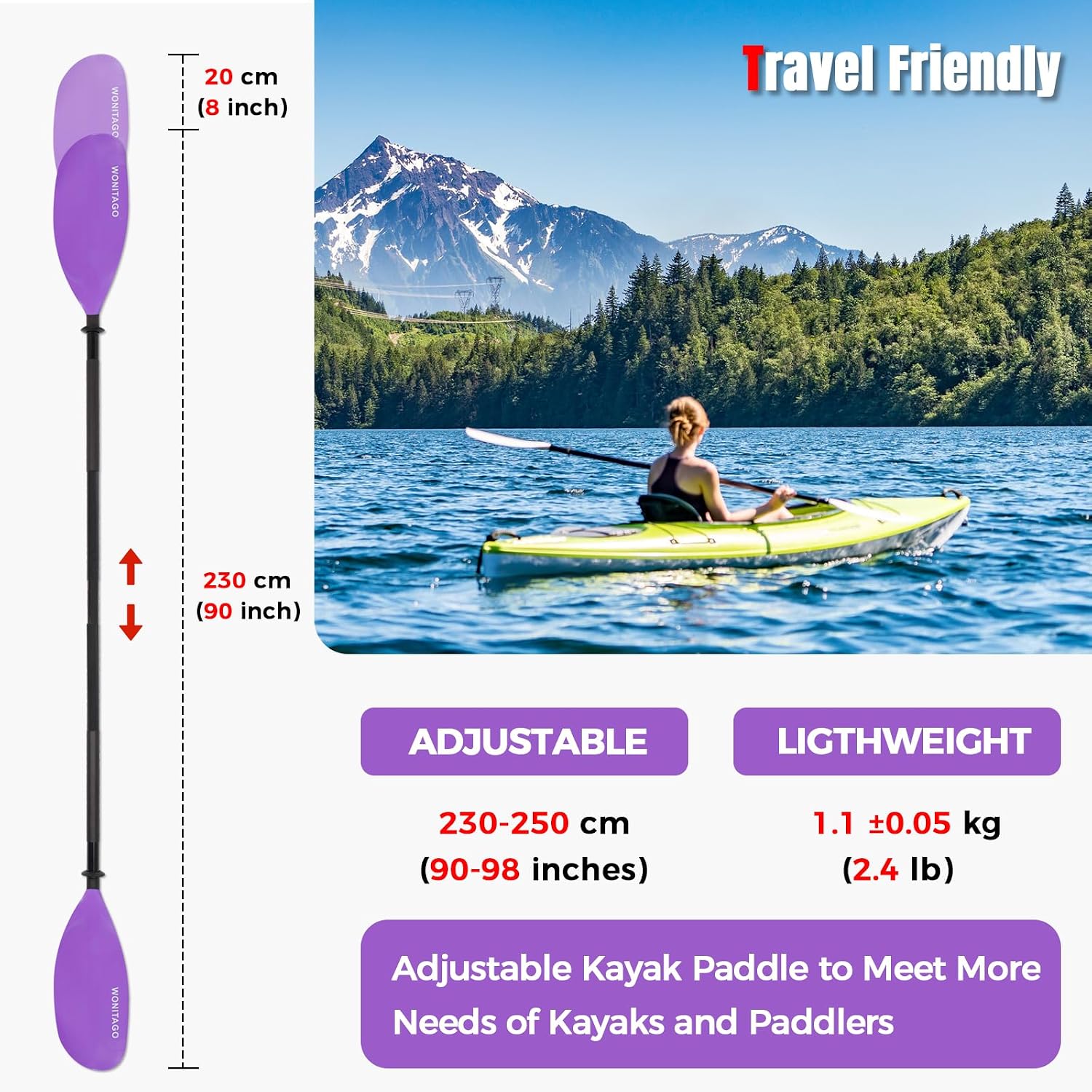 Kayak Paddle, Adjustable and Lightweight Kayaking Oar