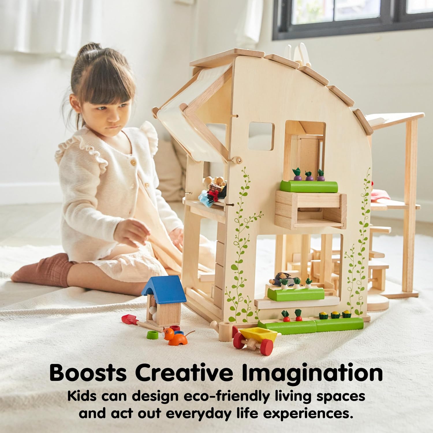 PlanToys® Green Wooden Dollhouse with Solar Panel, Wind Turbine & Furniture | recycling system, eco-friendly doll house, sustainable pretend play, kids, girls, environmental learning gift for boys