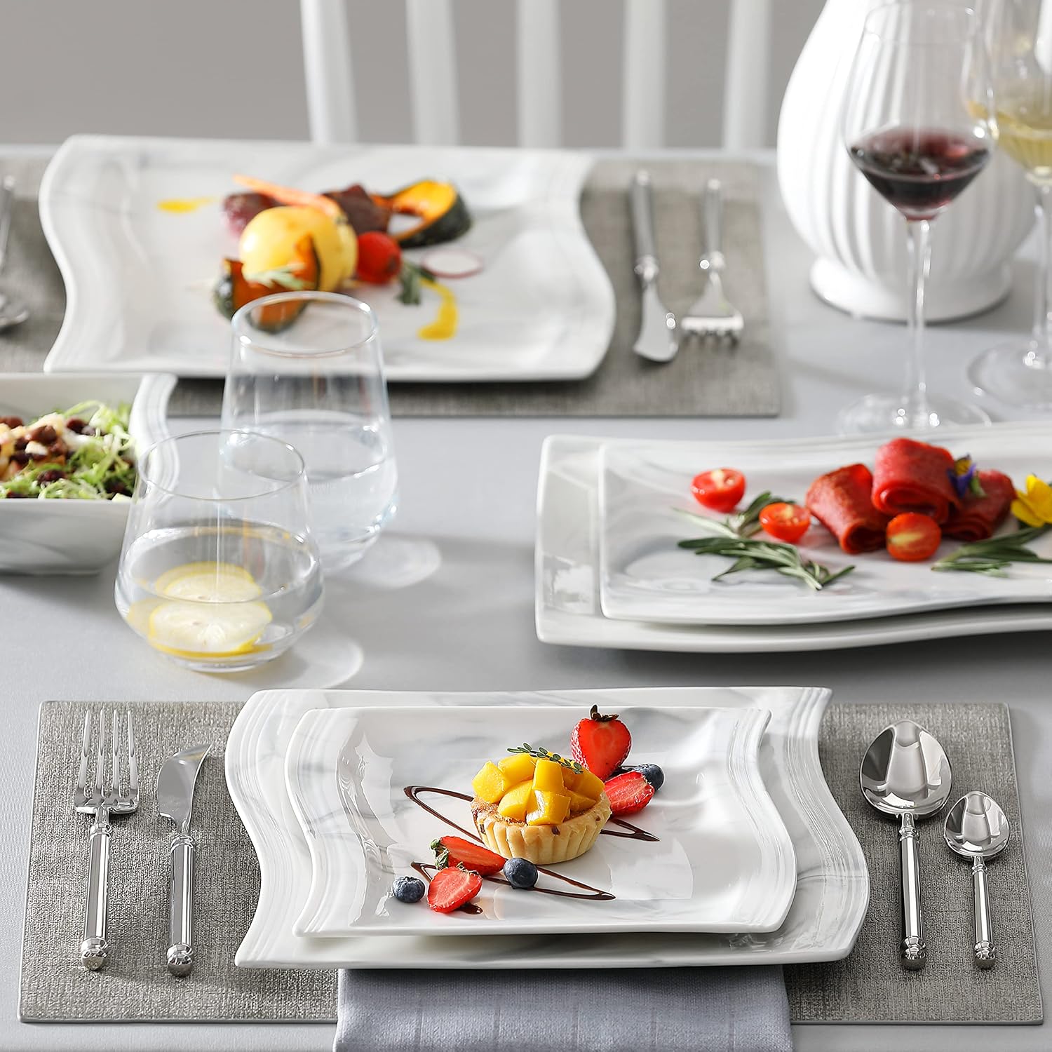 MALACASA Plates and Bowls Sets, 26 Pieces Ivory White Porcelain Dinnerware Sets without Mugs, Square Dinnerware with Dinner Plates, Bowls and Serving Platters, Modern Dish Set for 6, Series Flora