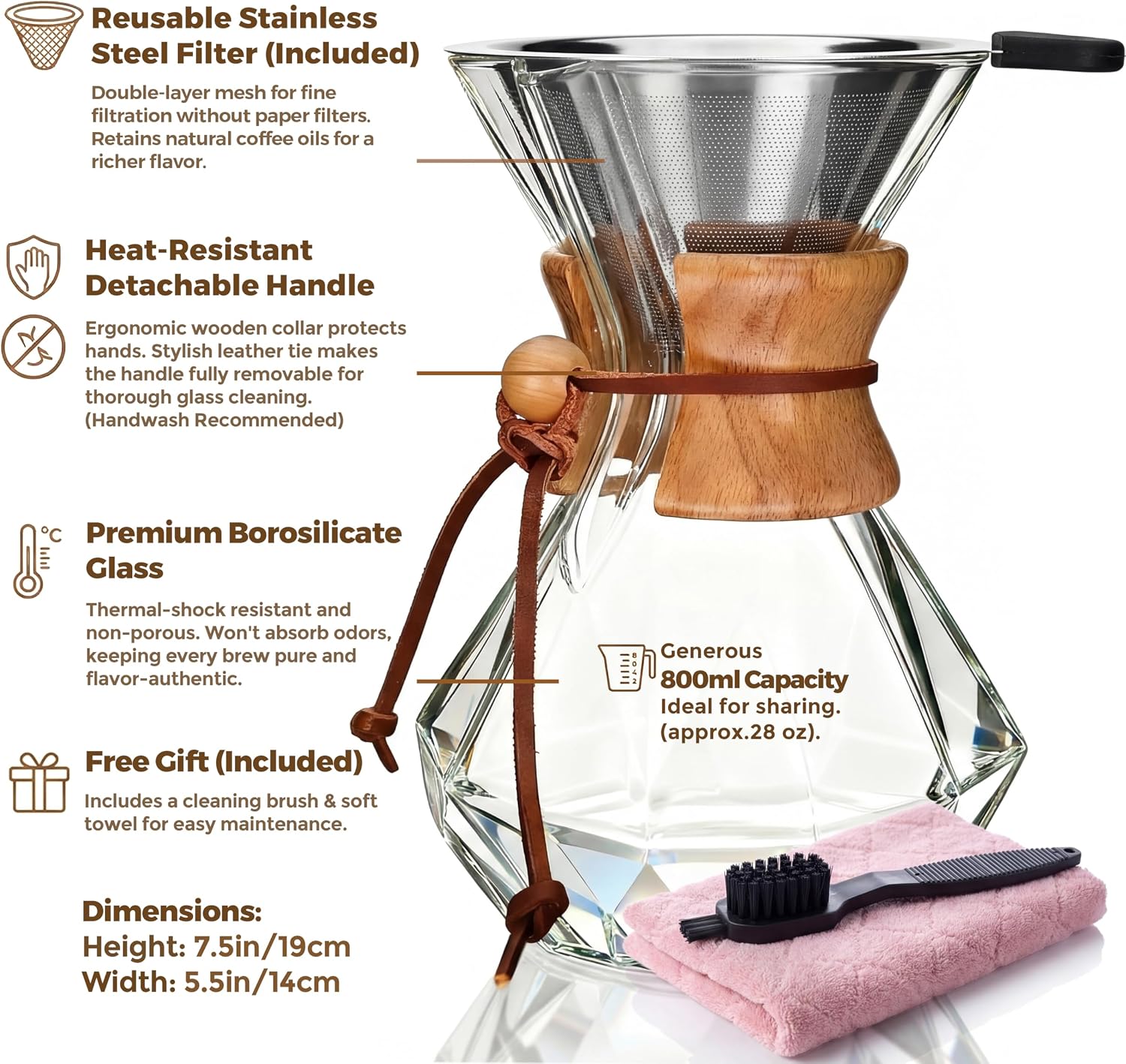 AGOGO Pour Over Coffee Maker Set, 34oz Classic Style, 304 Stainless Filter | Barista kit for home kitchen, Cafe, Camping & Office; 20oz-40oz Classic, Slim, Diamond styles; Includes brush & towel.
