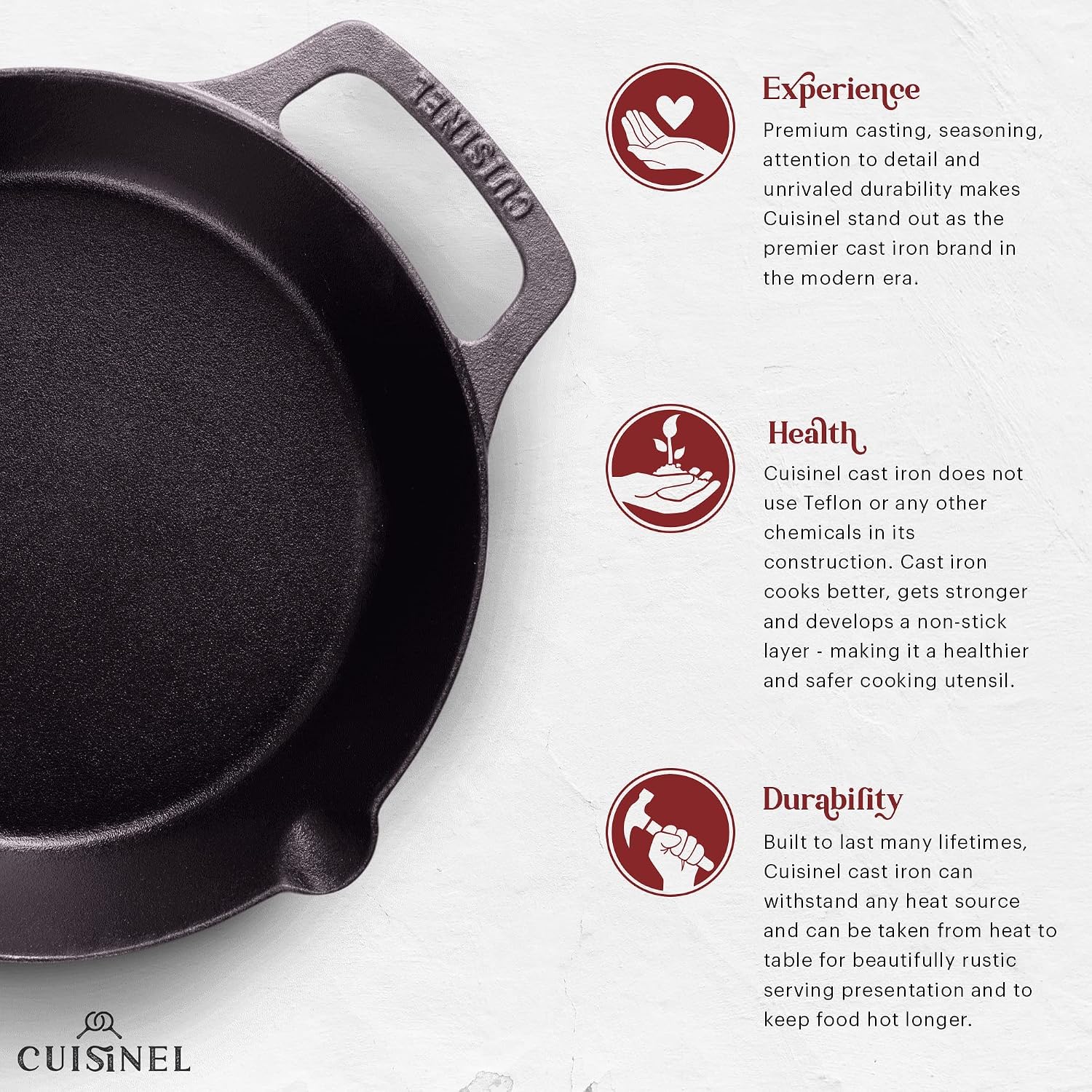 Cuisinel Cast Iron Skillet with Lid - 10"-Inch Pre-Seasoned Frying Pan + Glass Cover + Heat-Resistant Handle Holder - Indoor/Outdoor Use - Grill, Stove, Camp Firepit, Induction - Oven Safe Cookware