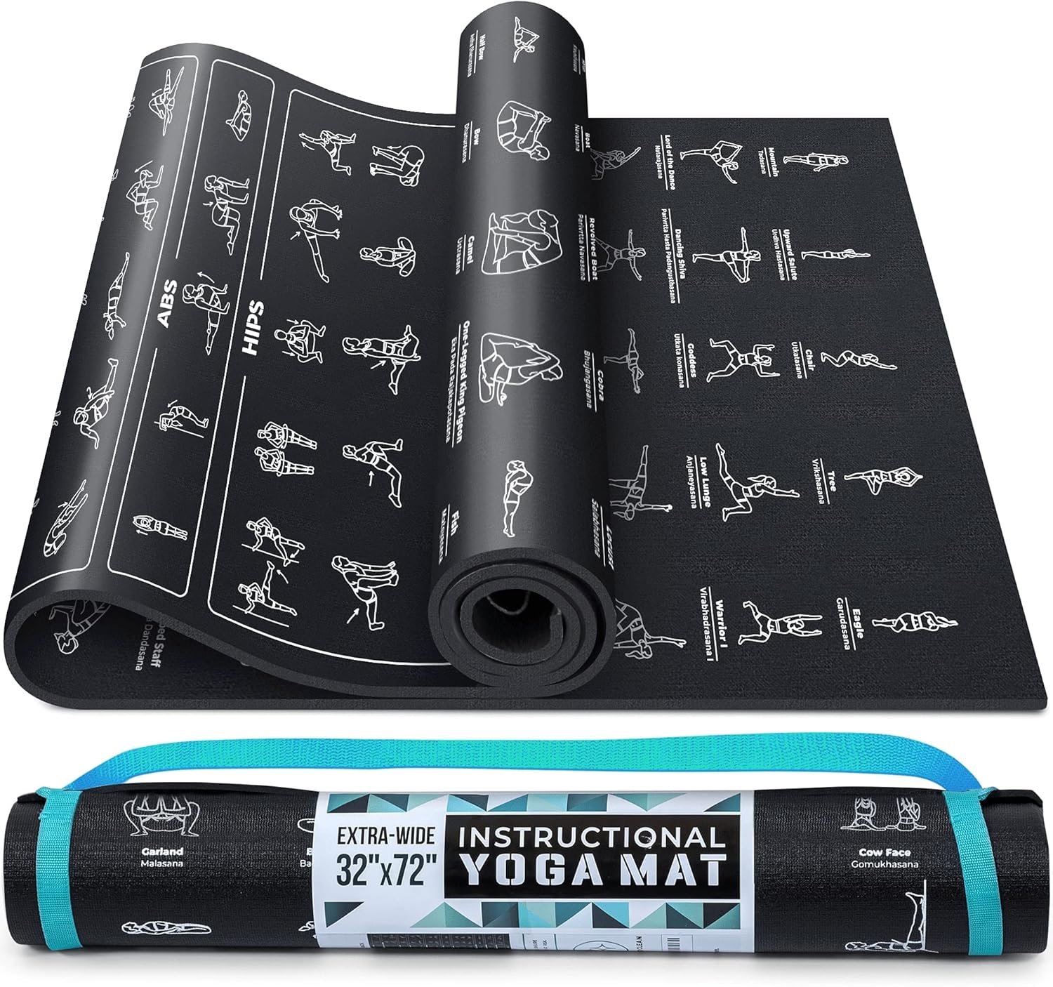 Instructional Yoga Mat with Carrying Strap: Cute Yoga Mat with 75 Illustrated Yoga Poses + 75 Easily-Followed Stretching Exercises - 1/4” Thick