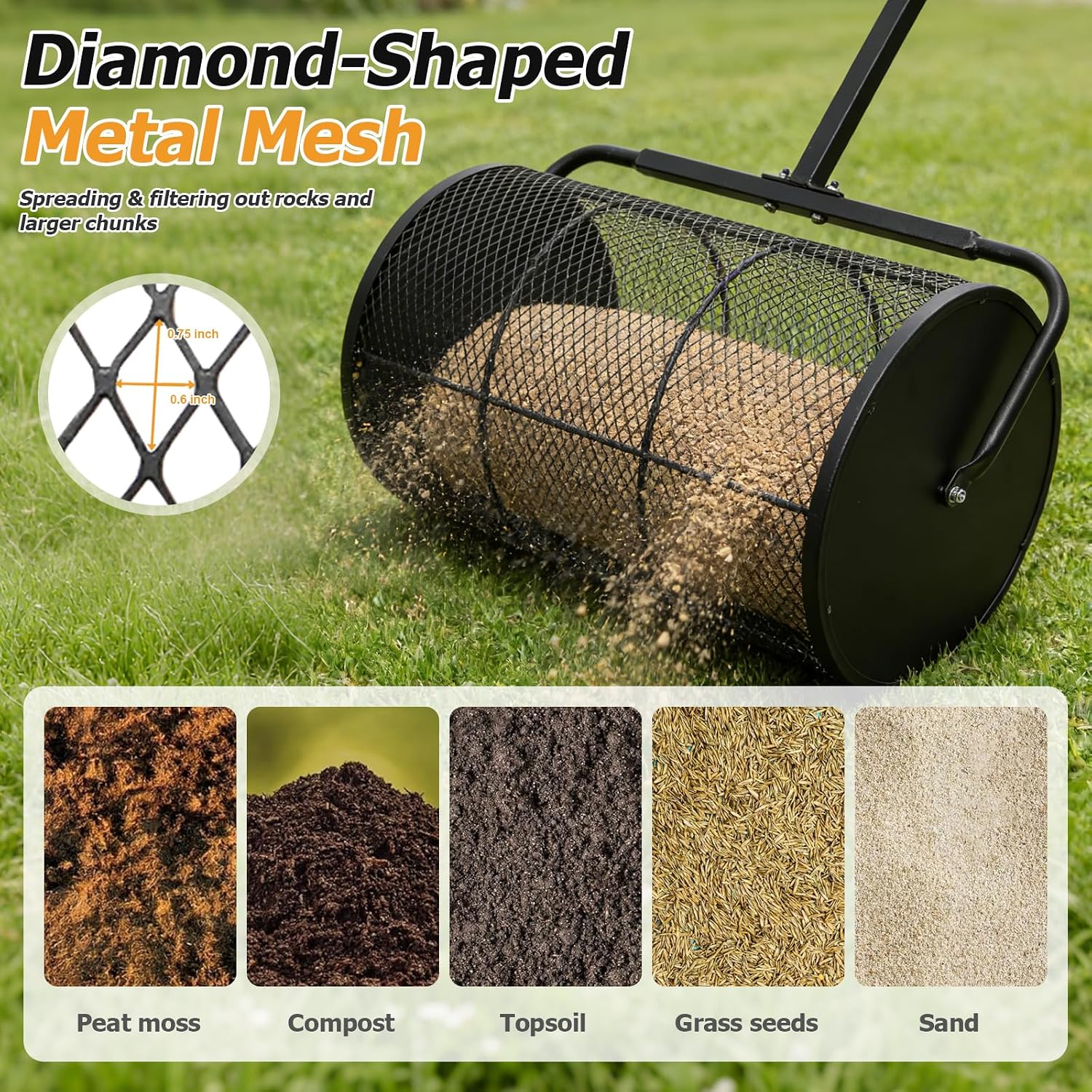 Compost Spreader 24in Peat Moss Spreader - U Shaped Comfortable Handle & Adjustable Height Powder-Coated Metal Mesh Hand Fertilizer Spreader for
