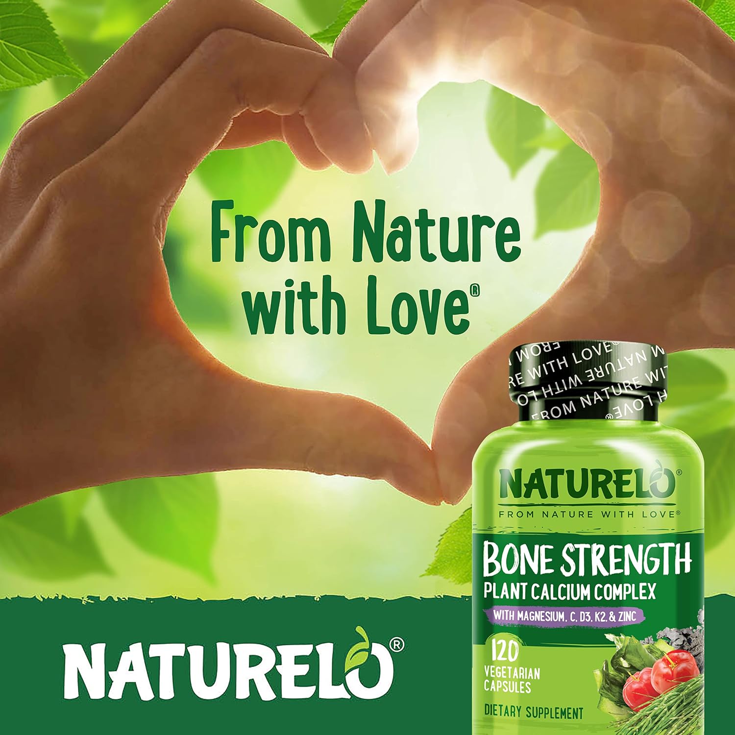 NATURELO Calcium Supplement with Vitamin C, D3, K2, 120 Vegetarian Capsules | Magnesium & Zinc for Bone Strength,Plant-Based Calcium 600mg , Non-GMO, Soy & Gluten-Free