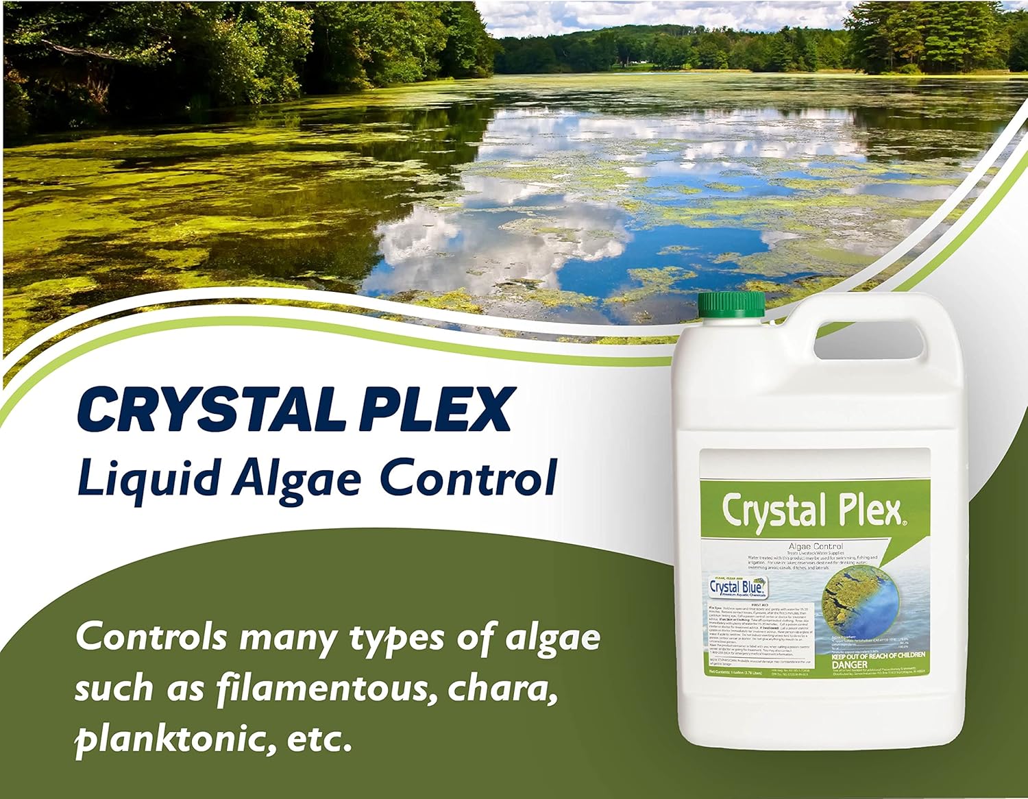 Crystal Plex - Lake and Pond Algaecide Treatment - Liquid Copper Algaecide Kills and Prevents Various Types of Algae (Planktonic, Filamentous