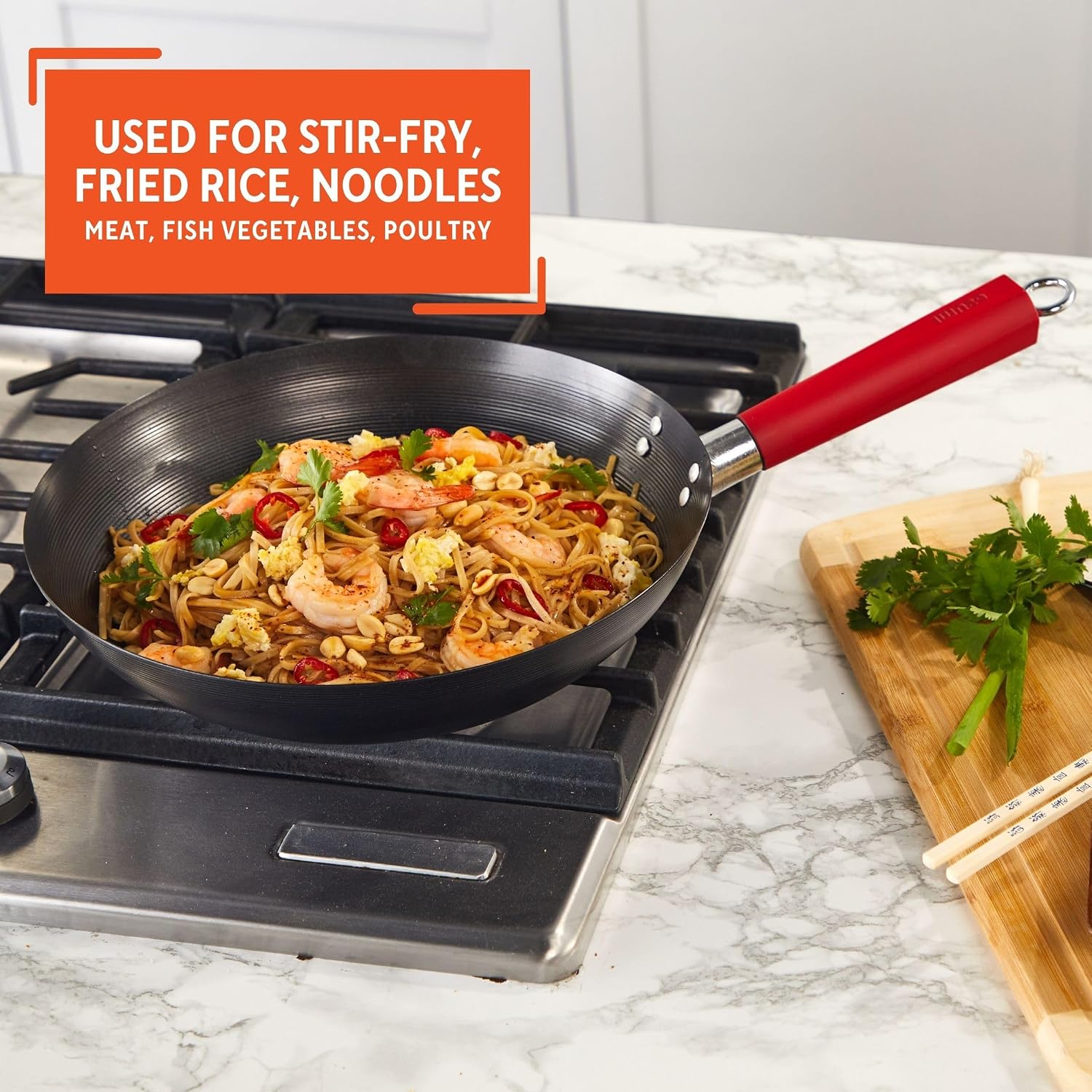 IMUSA 9.5 Inch Carbon Steel Nonstick Wok with Cool-touch Handle, Black | Cool-Touch Handle, Ideal for Stir Fry, Great for Everyday Meals