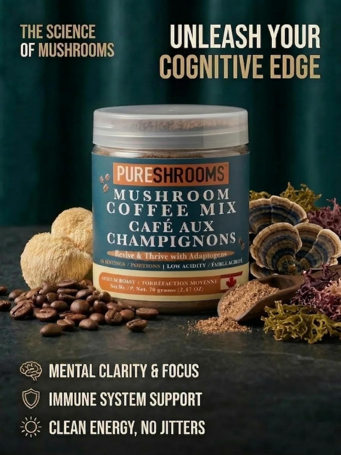 PureShrooms Mind & Body Mushroom Coffee - Instant Colombian Arabica with Organic Lion’s Mane, Reishi & Cordyceps - Low Acidity Nootropic Superfood Beverage for Focus & Vitality, 35 Servings/70g