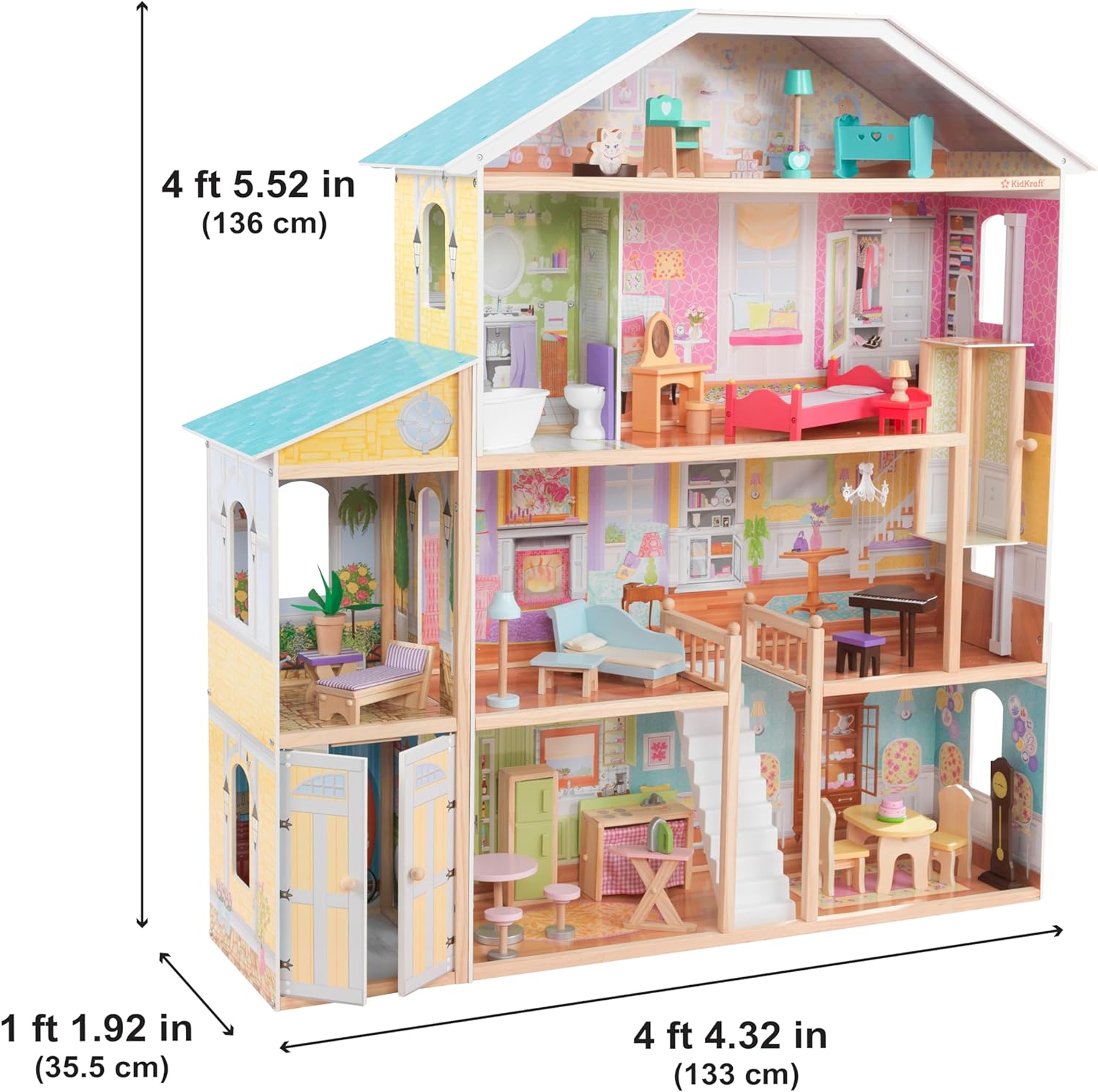 KidKraft Majestic Mansion Wooden Dollhouse with 34 Pieces, Working Elevator | 4 Feet Tall, Garage, 4 Floors, 8 Rooms, Attic Nursery