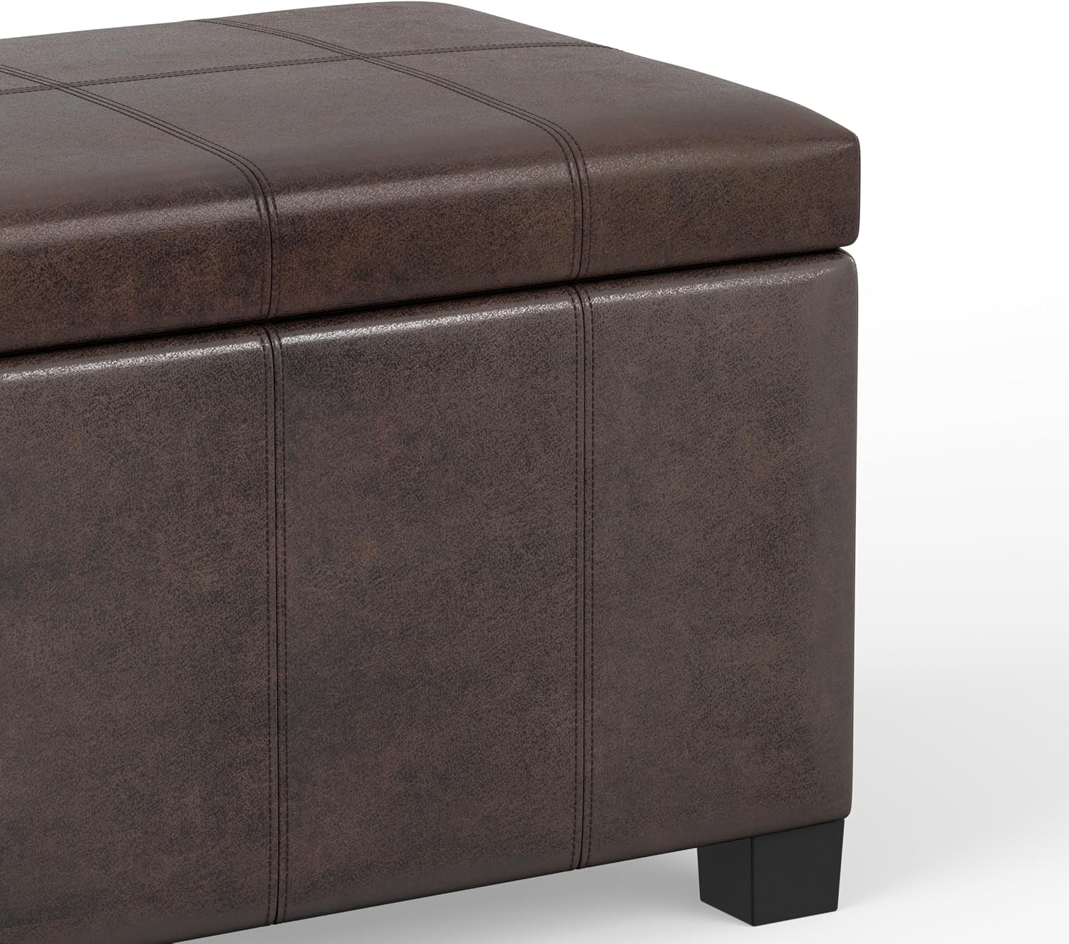 SIMPLIHOME Dover 36" Wide Vegan Leather Storage Ottoman in Midnight Black | Distressed umber brown, contemporary ottoman with lift-top and safety hinges; rectangle storage bench for living room.
