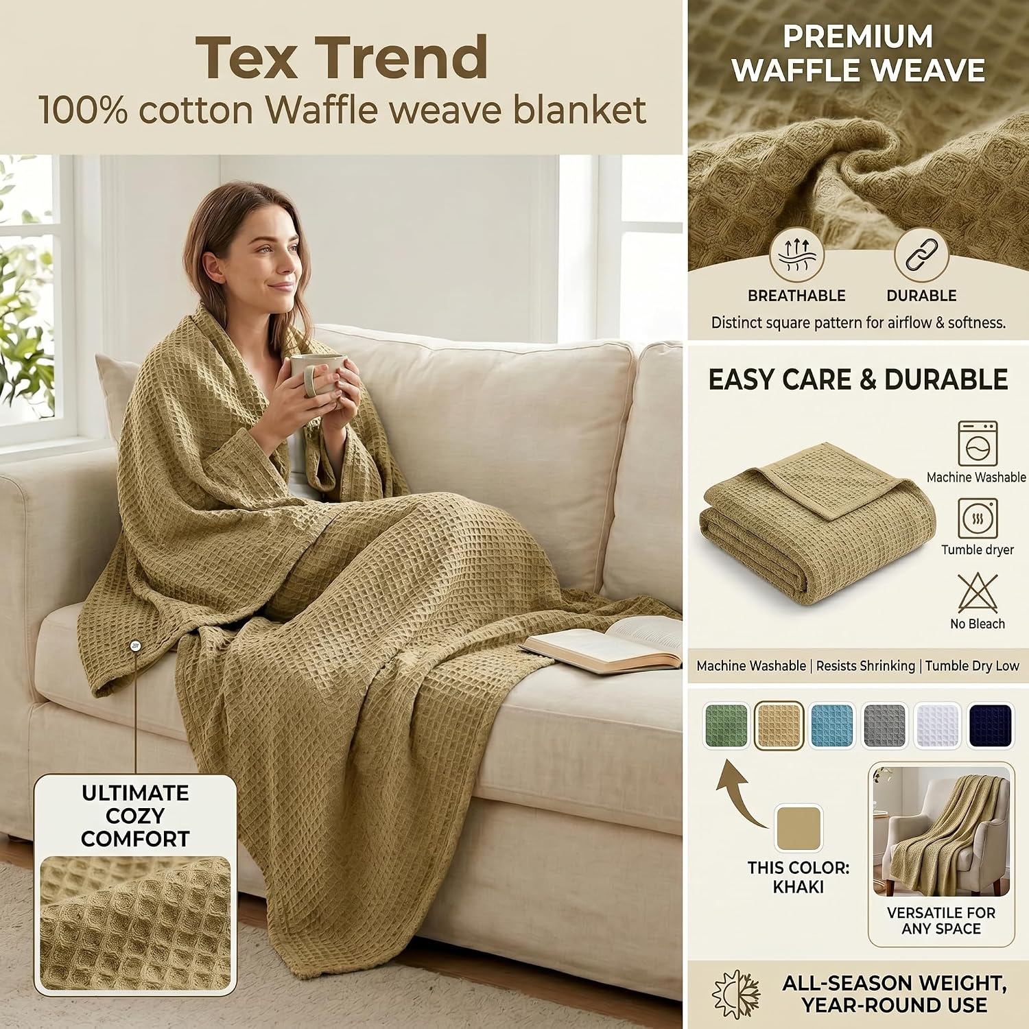 Tex Trend 100% Cotton Waffle Weave Blanket Queen Size - Soft, Breathable Cooling Blanket for Bed, Lightweight Cozy Summer & Spring Bedding, Grey, 90x90